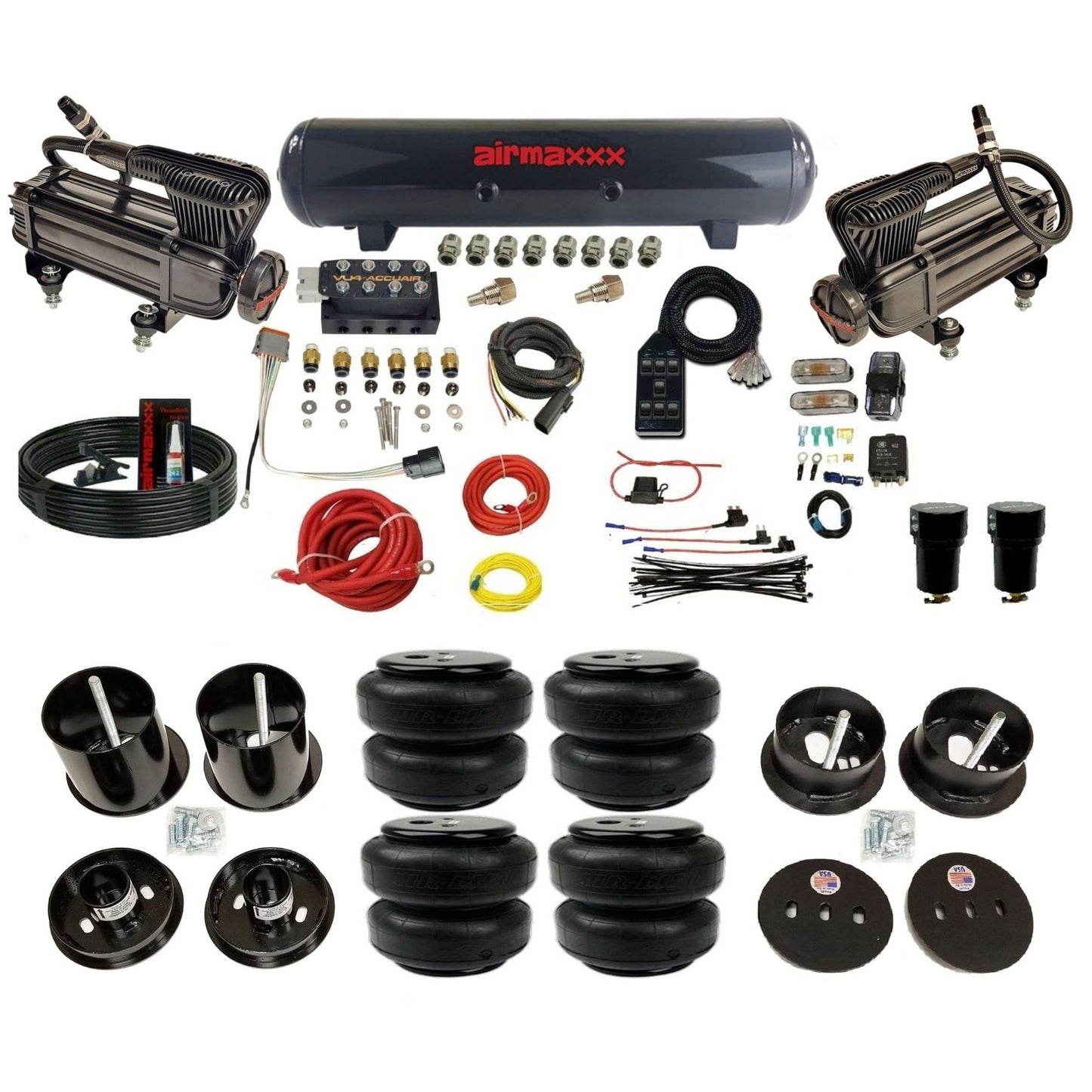 AccuAir VU4 dual x-series compressors steel tank airlift bags air ride kit for 1963–1964 Cadillac KCAD63-XB2-57S-VU4-7BK-WK-HFD25