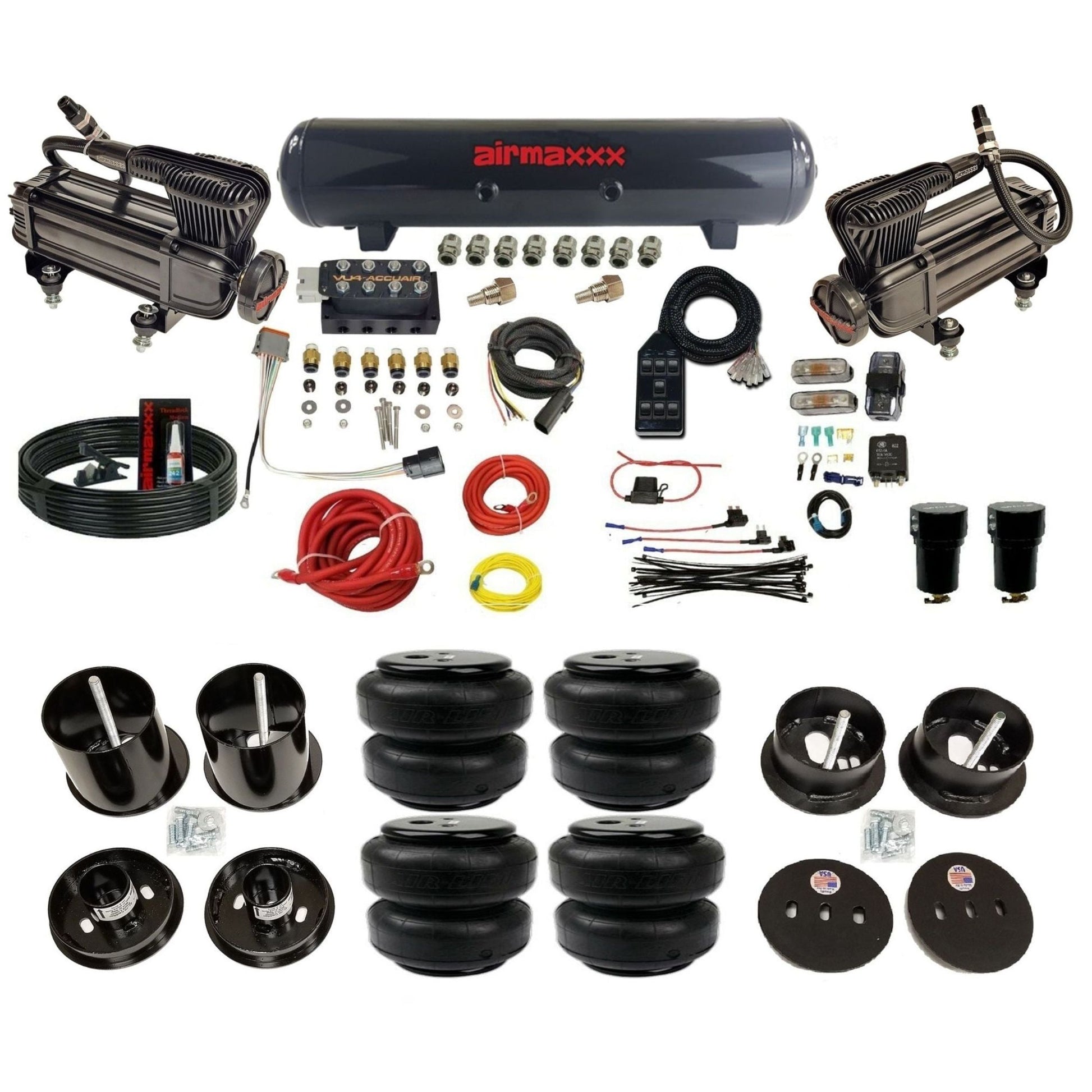AccuAir VU4 dual x-series compressors steel tank airlift bags air ride kit for 1963–1964 Cadillac KCAD63-XB2-57S-VU4-7BK-WK-HFD25