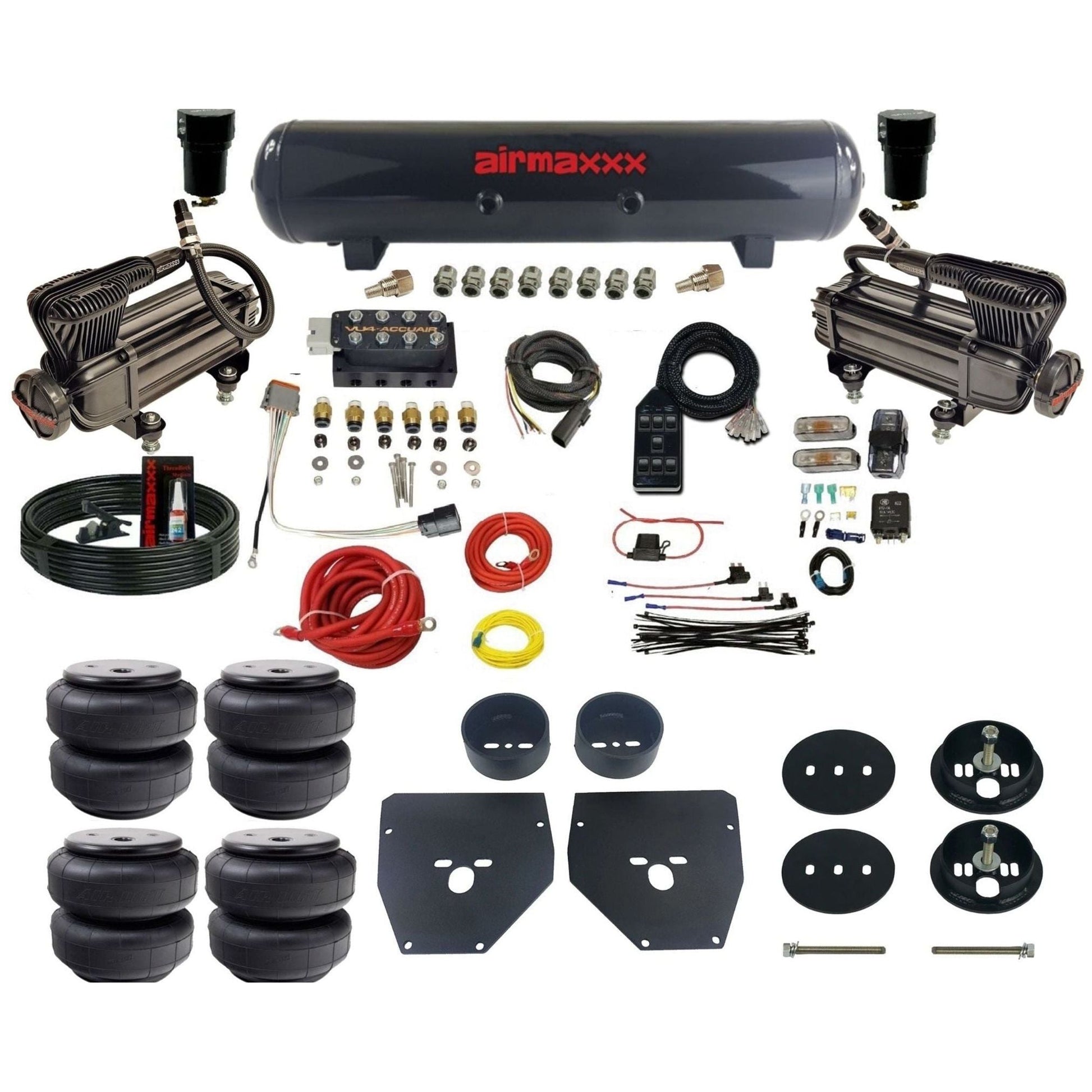 AccuAir VU4 dual x-series compressors steel tank airlift bags air ride kit for 1963–1972 Chevy C10/C20/C30 KC1063-XB2-57S-VU4-7BK-WK-HFD26