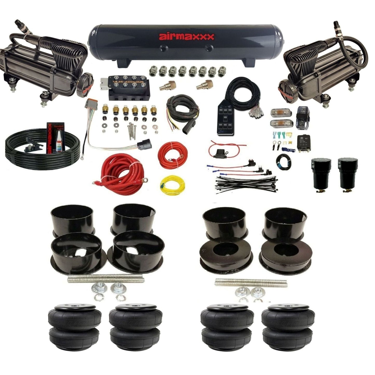 AccuAir VU4 dual x-series compressors steel tank airlift bags air ride kit for 1971–1996 GM B-Body KBBDY-XB2-57S-VU4-7BK-WK-HFD25