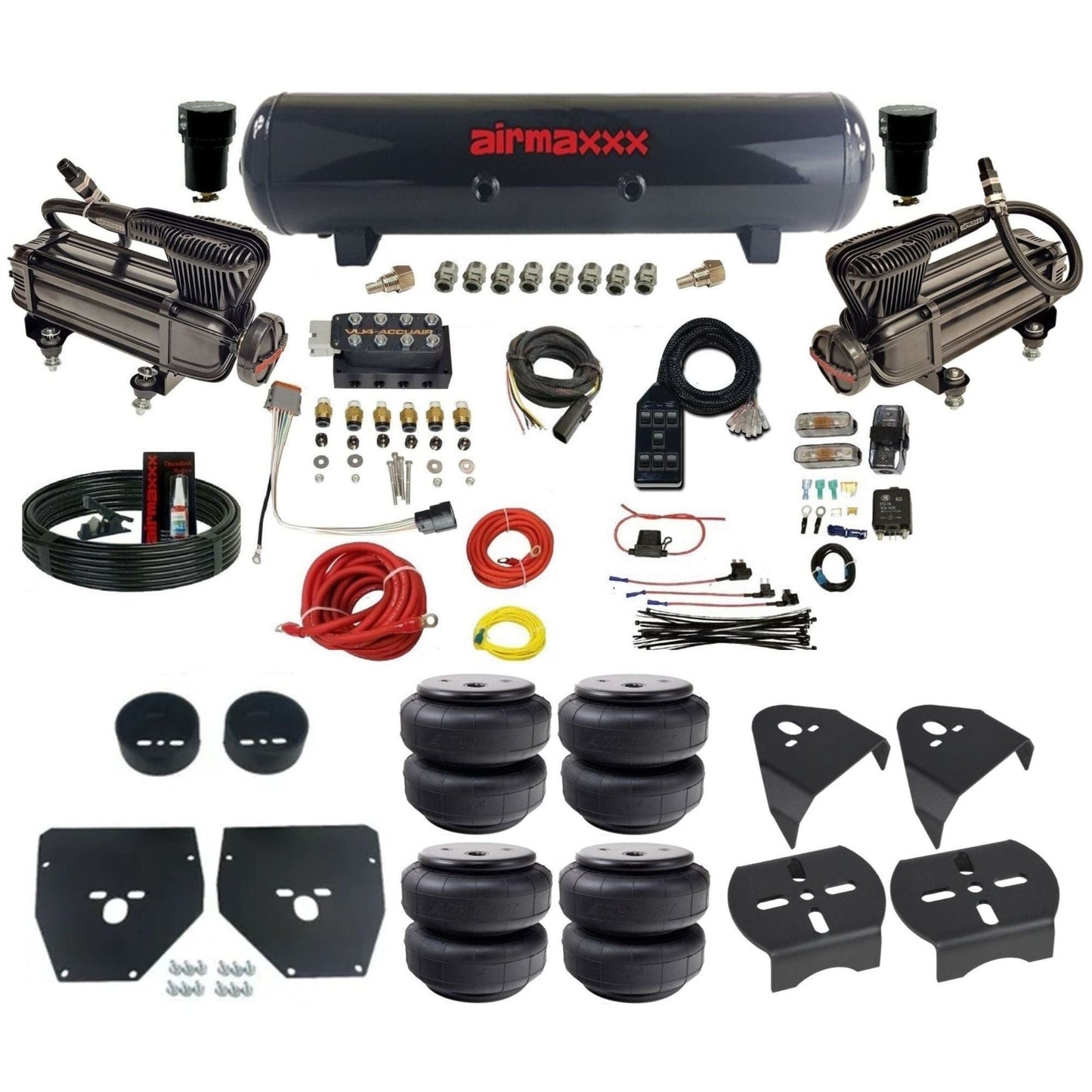 AccuAir VU4 dual x-series compressors steel tank airlift bags air ride kit for 1973–1987 Chevy C10 KC1073-XB2-57S-VU4-7BK-WK-HFD26