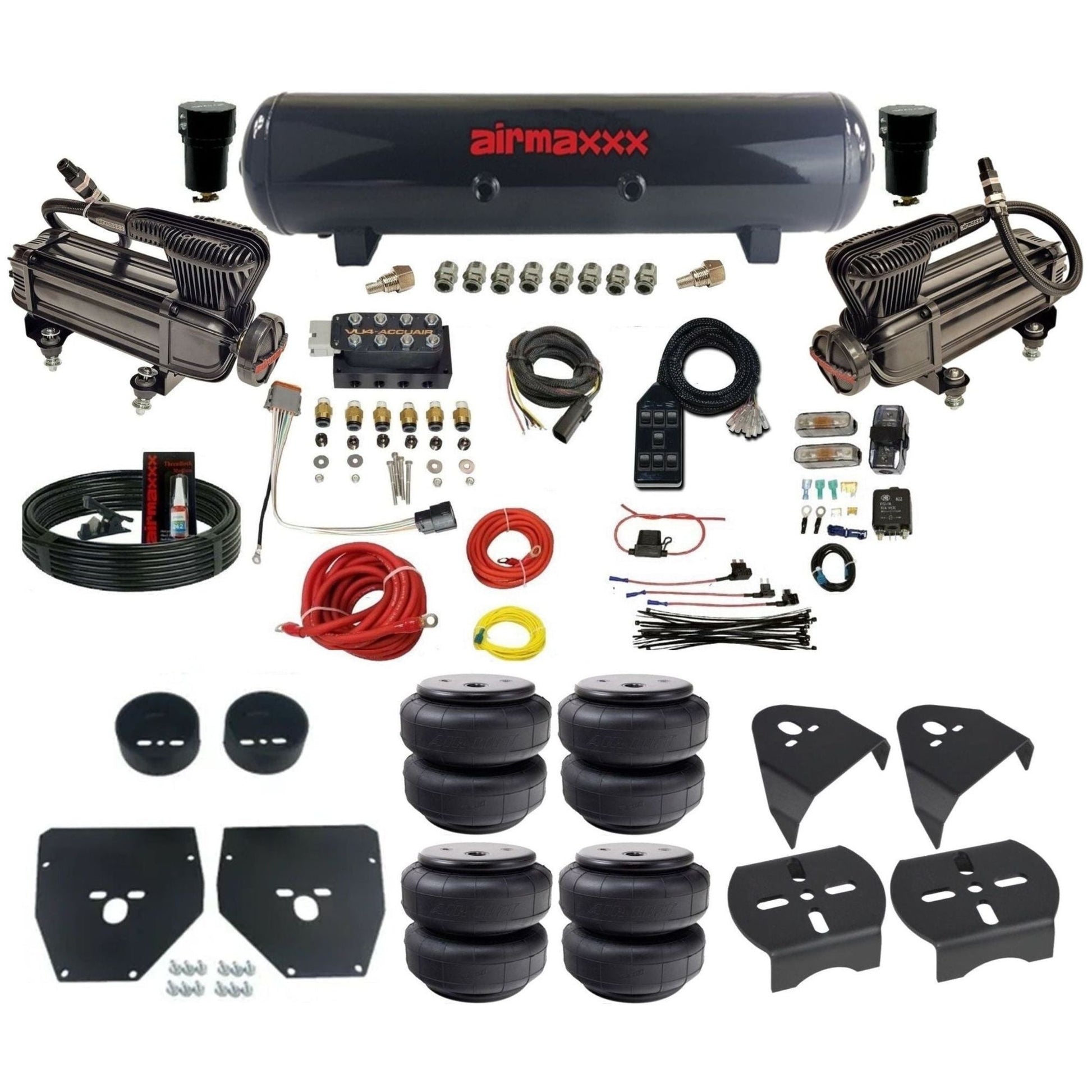 AccuAir VU4 dual x-series compressors steel tank airlift bags air ride kit for 1973–1987 Chevy C10 KC1073-XB2-57S-VU4-7BK-WK-HFD26