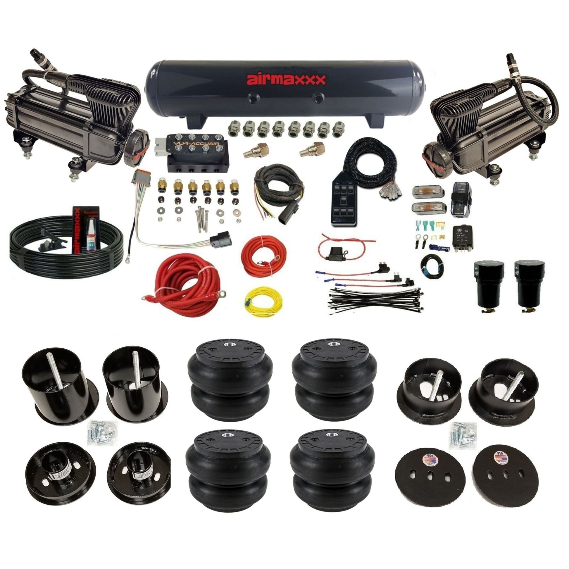 AccuAir VU4 dual x-series compressors steel tank slam bags air ride kit for 1963–1964 Cadillac KCAD63-XB2-57S-VU4-7BK-WK-HFSS7