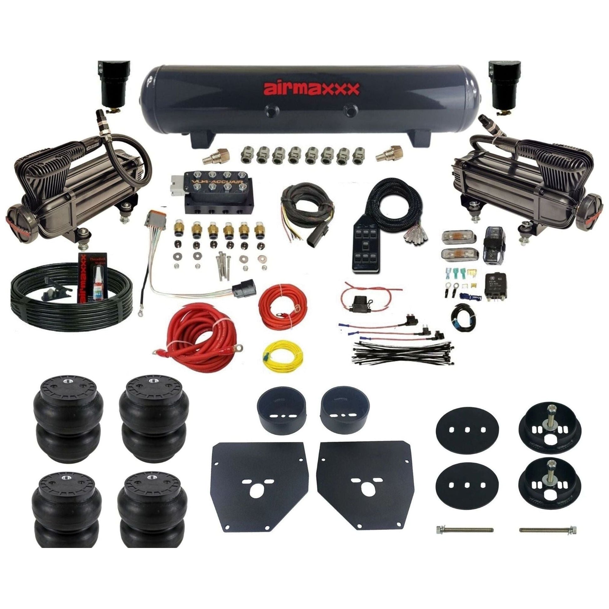 AccuAir VU4 dual x-series compressors steel tank slam bags air ride kit for 1963–1972 Chevy C10/C20/C30 KC1063-XB2-57S-VU4-7BK-WK-HFSS7