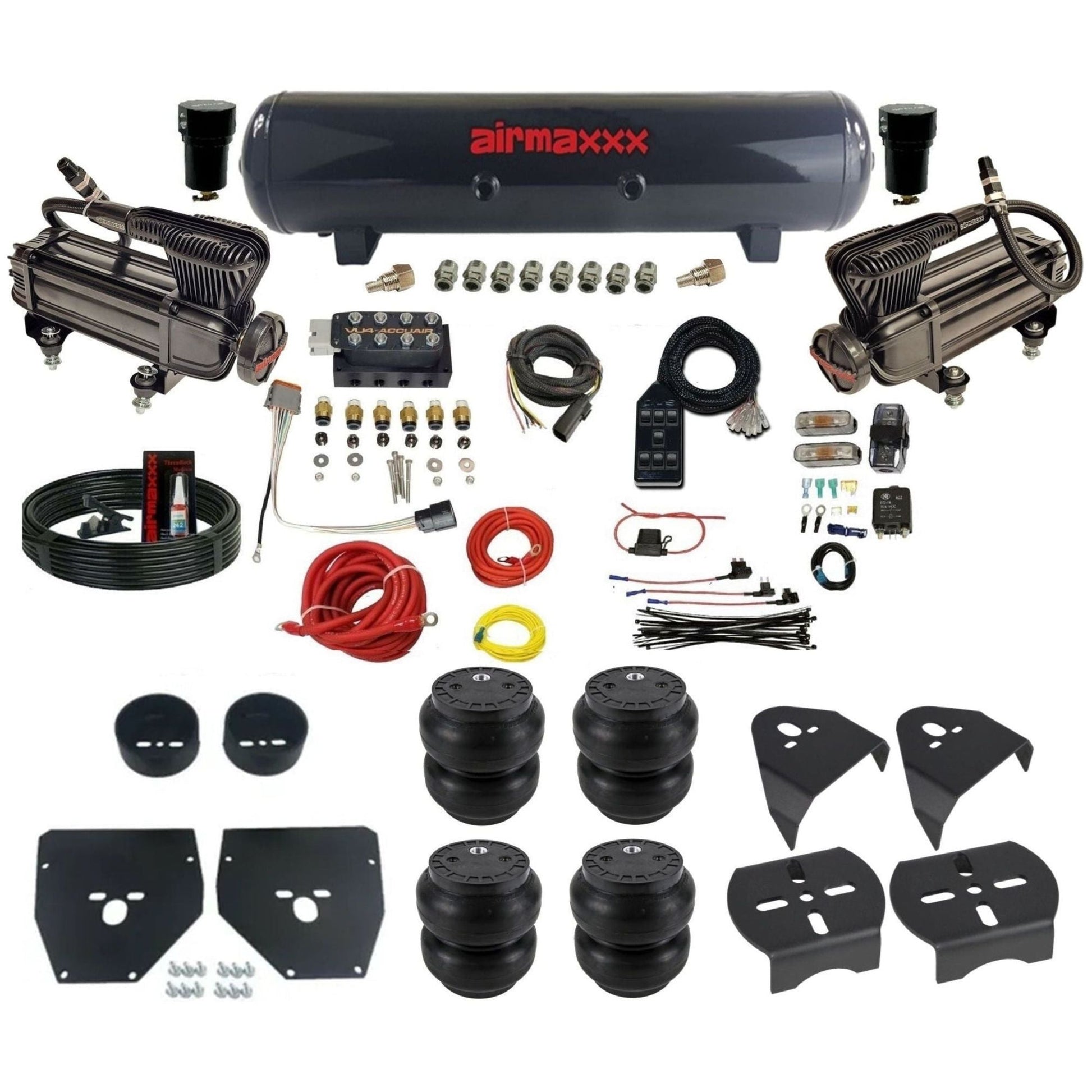 AccuAir VU4 dual x-series compressors steel tank slam bags air ride kit for 1973–1987 Chevy C10 KC1073-XB2-57S-VU4-7BK-WK-HFSS7
