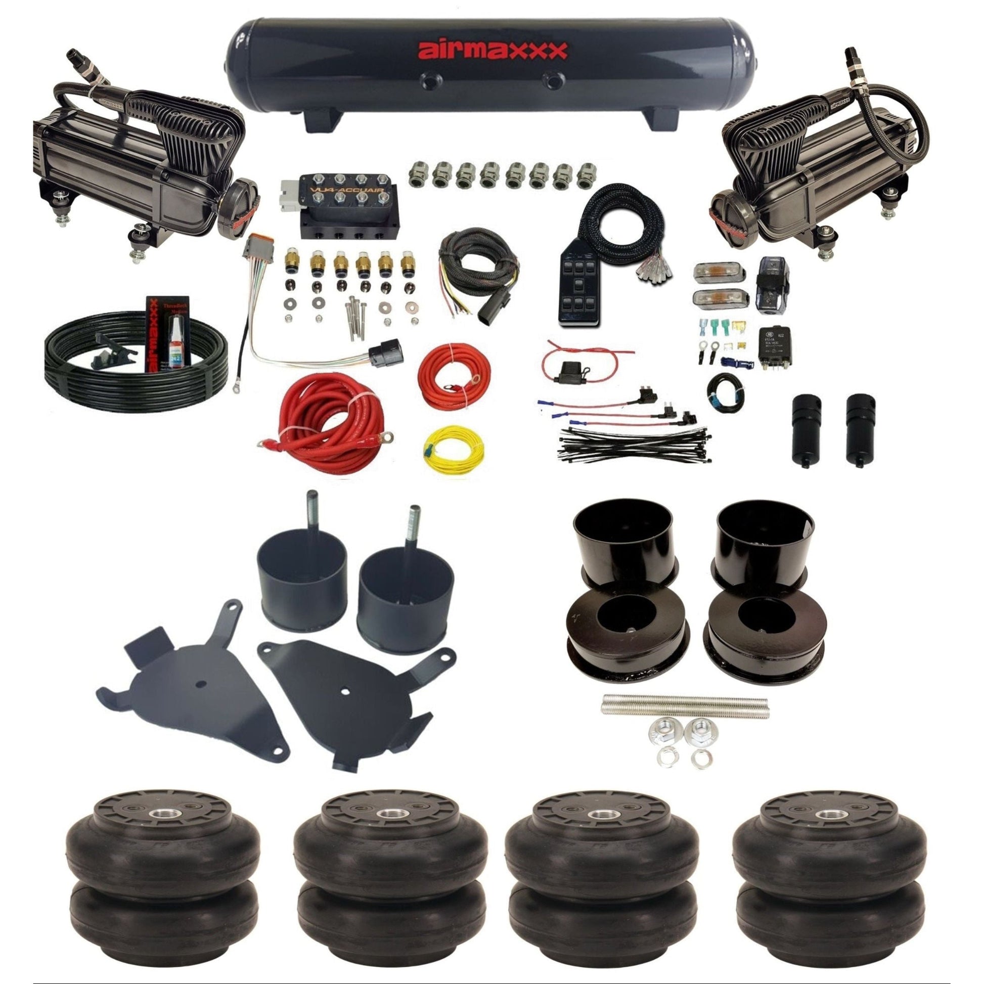 AccuAir VU4 dual x-series compressors steel tank slam bags air ride kit for 1978–1988 GM G-Body GBDY-XB2-57S-VU4-7BK-WK-HFSS6