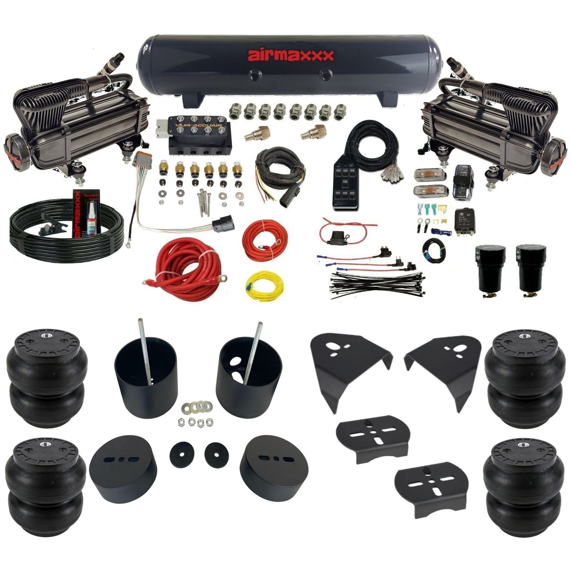 AccuAir VU4 dual x-series compressors steel tank slam bags air ride kit for 1988–1998 Silverado/Sierra 1500 KGM88-XB2-57S-VU4-7BK-WK-HFSS7