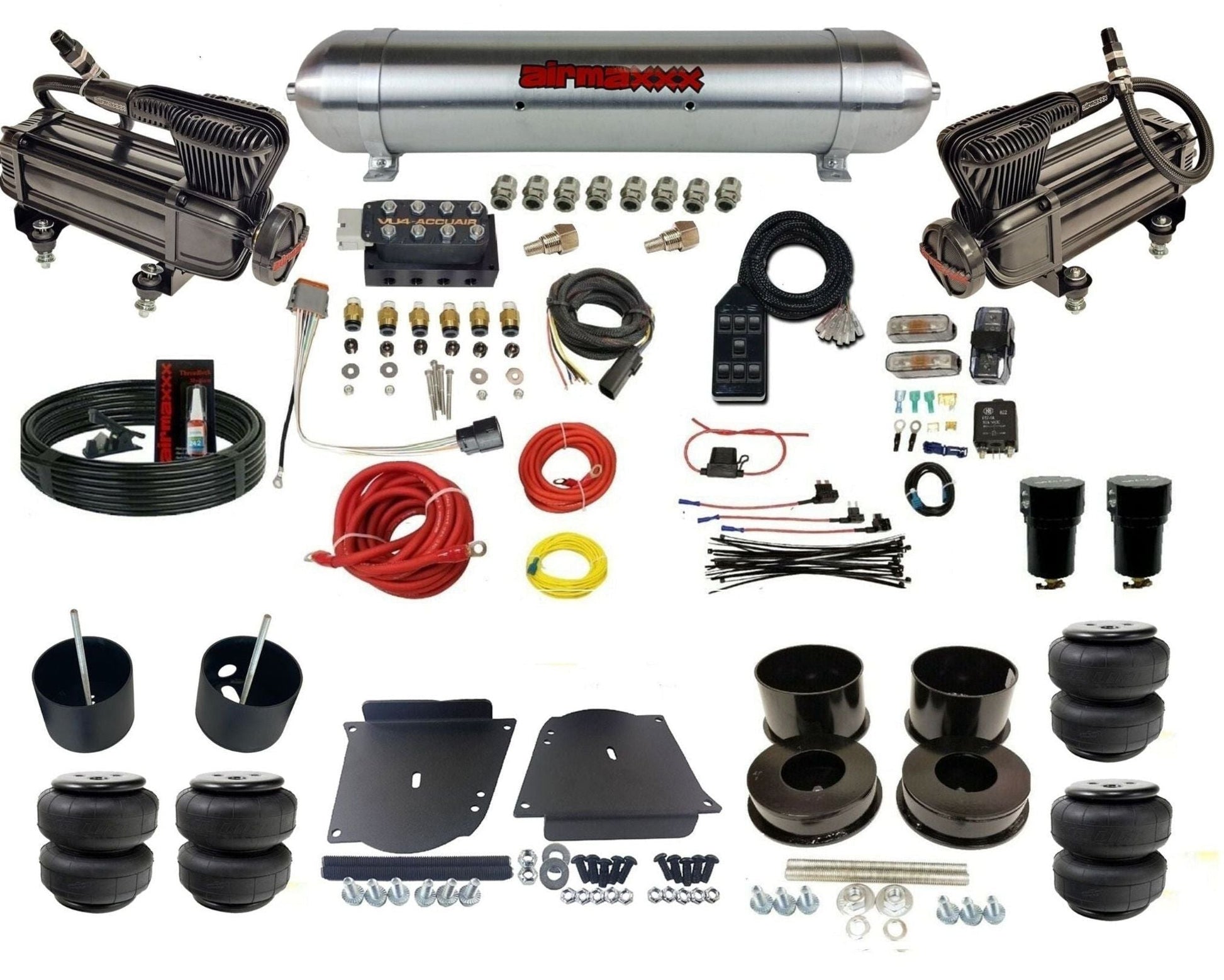 AccuAir VU4 dual x-series raw aluminum tank & airlift bags air ride kit for 1964–1972 GM A-Body KABDY-XB2-57ARW-VU4-7BK-WK-HFD25
