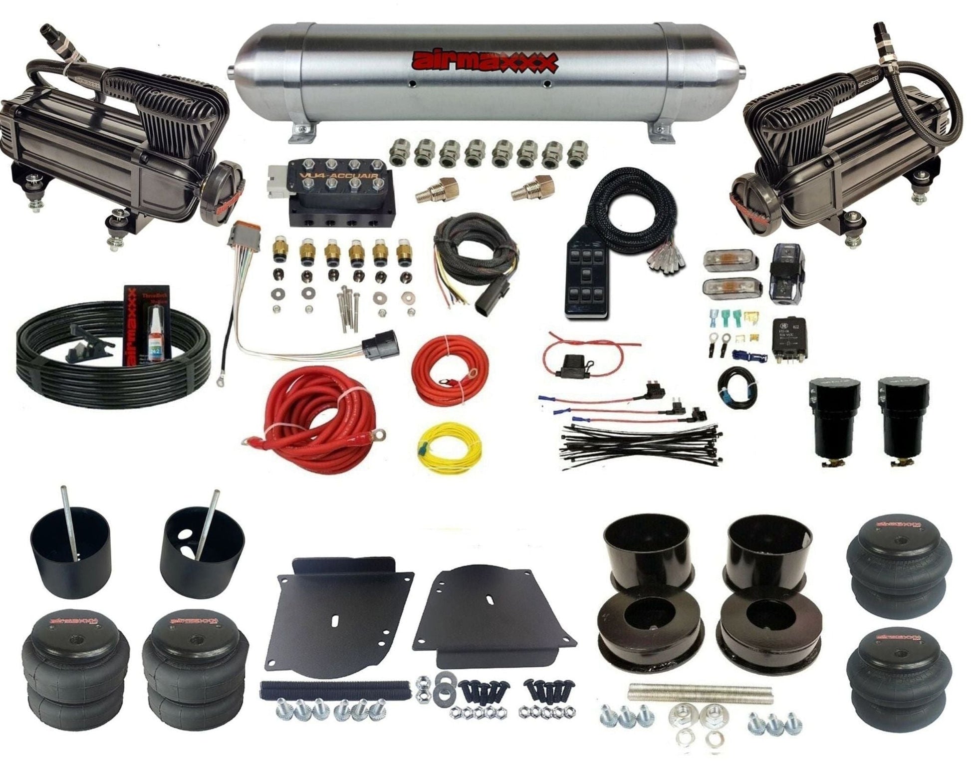 AccuAir VU4 dual x-series raw aluminum tank & bags air ride kit for 1964–1972 GM A-Body KABDY-XB2-57ARW-VU4-7BK-WK-HF