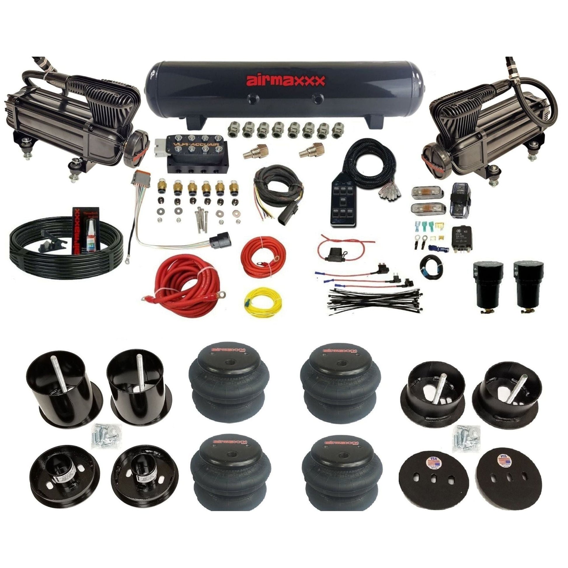 AccuAir VU4 dual x-series compressors steel tank 2600 bags air ride kit for 1963–1964 Cadillac KCAD63-XB2-57S-VU4-7BK-WK-HF