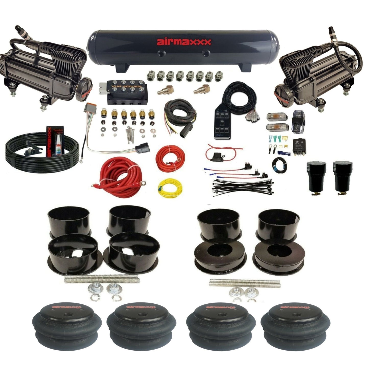 AccuAir VU4 dual x-series compressors steel tank 2600 bags air ride kit for 1971–1996 GM B-Body KBBDY-XB2-57S-VU4-7BK-WK-HF