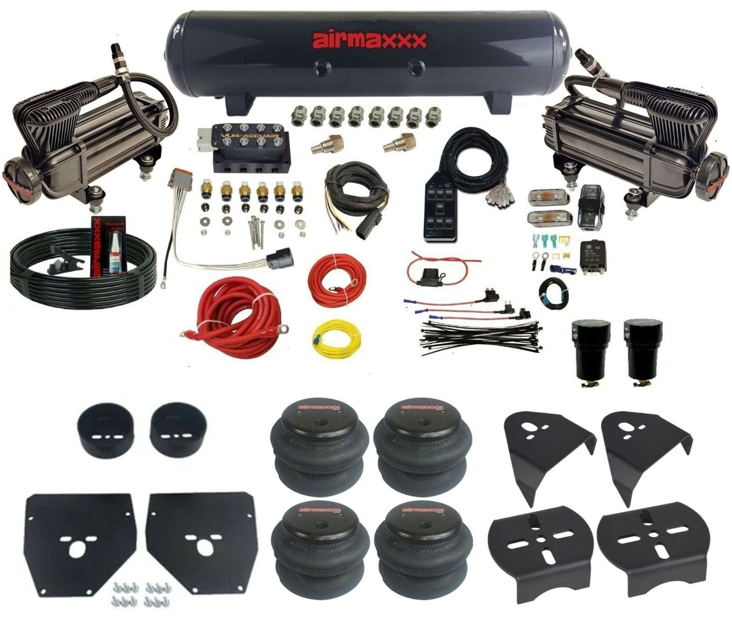 AccuAir VU4 dual x-series compressors steel tank 2600 bags air ride kit for 1973–1987 Chevy C10 KC1073-XB2-57S-VU4-7BK-WK-HF