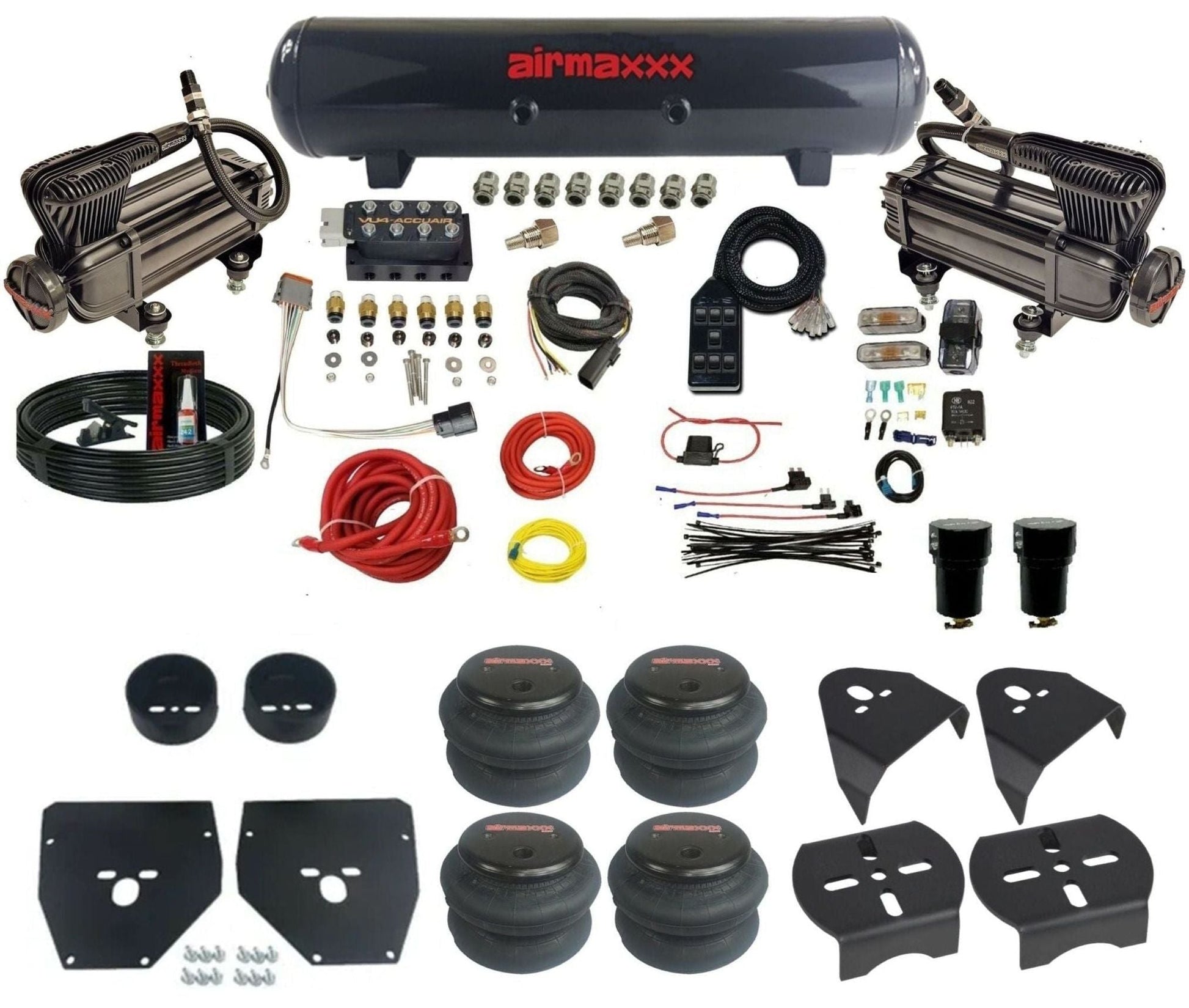 AccuAir VU4 dual x-series compressors steel tank 2600 bags air ride kit for 1973–1987 Chevy C10 KC1073-XB2-57S-VU4-7BK-WK-HF