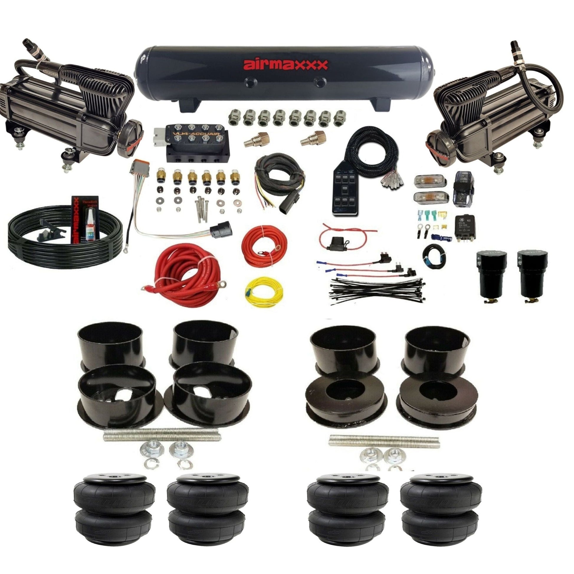 AccuAir VU4 dual x-series compressors steel tank airlift bags air ride kit for 1971–1996 GM B-Body KBBDY-XB2-57S-VU4-7BK-WK-HFD25