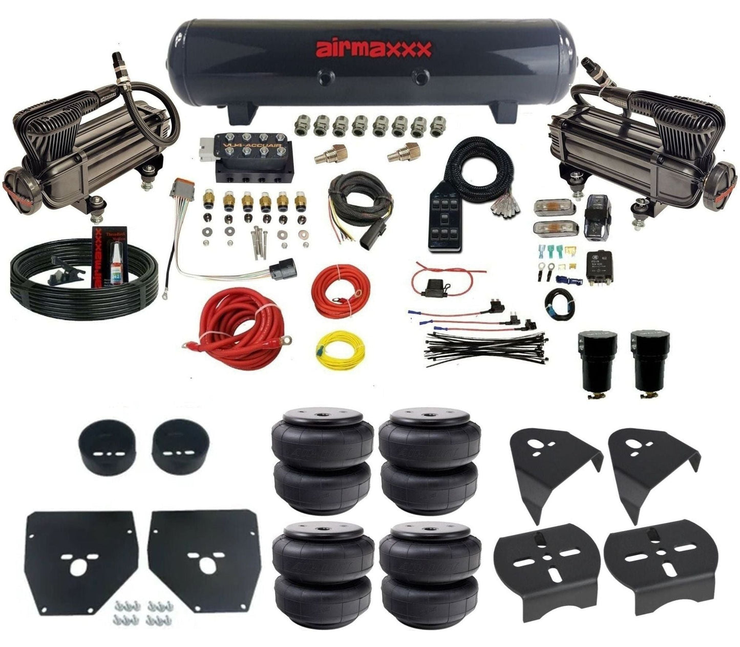 AccuAir VU4 dual x-series compressors steel tank airlift bags air ride kit for 1973–1987 Chevy C10 KC1073-XB2-57S-VU4-7BK-WK-HFD26