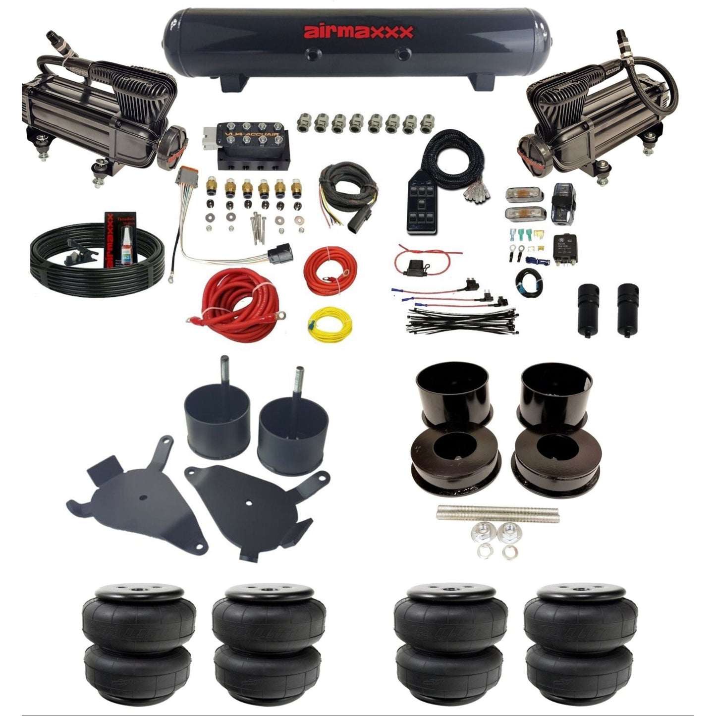 AccuAir VU4 dual x-series compressors steel tank airlift bags air ride kit for 1978–1988 GM G-Body KGBDY-XB2-57S-VU4-7BK-WK-HFD25