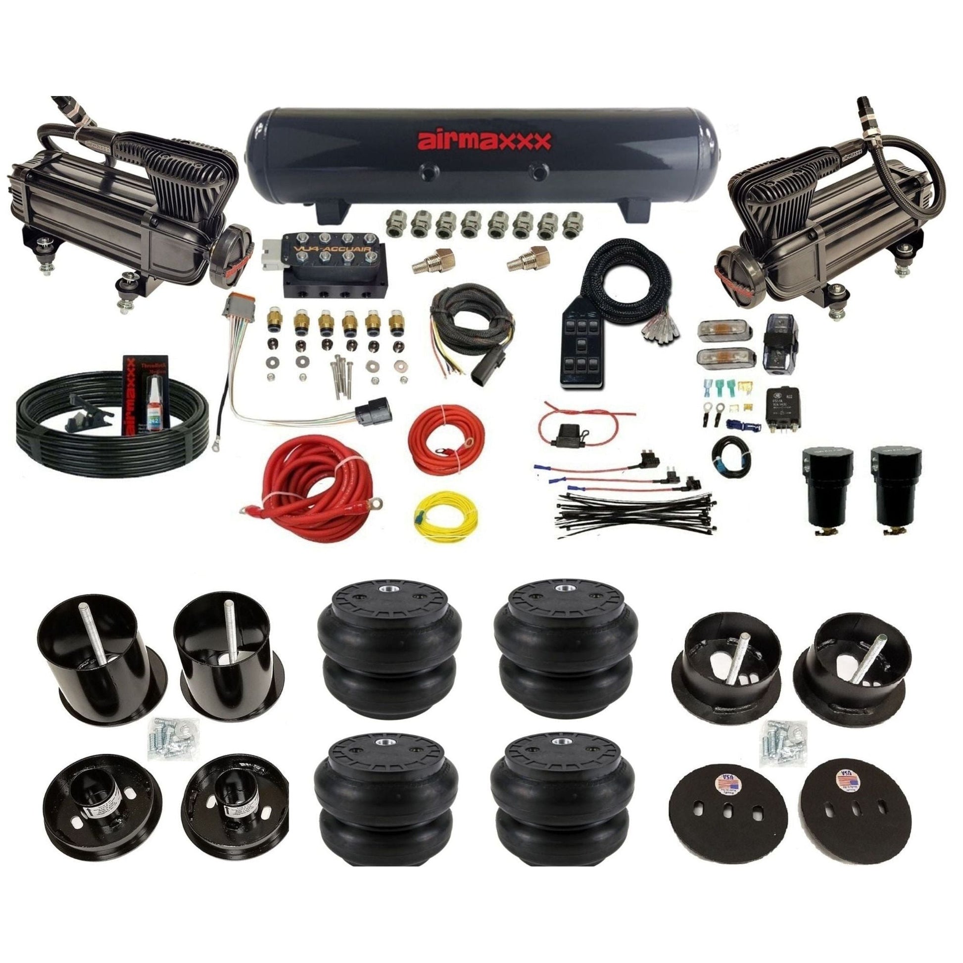 AccuAir VU4 dual x-series compressors steel tank slam bags air ride kit for 1963–1964 Cadillac KCAD63-XB2-57S-VU4-7BK-WK-HFSS7