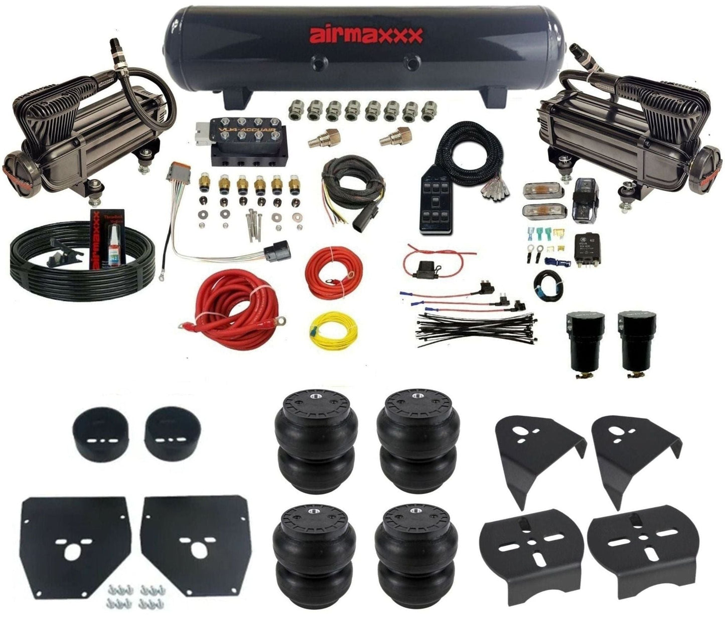 AccuAir VU4 dual x-series compressors steel tank slam bags air ride kit for 1973–1987 Chevy C10 KC1073-XB2-57S-VU4-7BK-WK-HFSS7