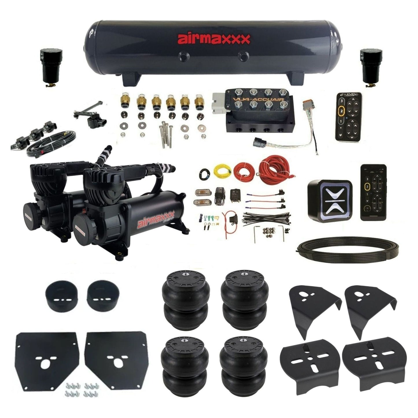 AccuAir e-Level+ Height+ Dual 580 black compressors steel tank slam bags air kit for 1973–1987 Chevy C10 KC1073-580B2-57S-VU4EHT-WK-HFSS7