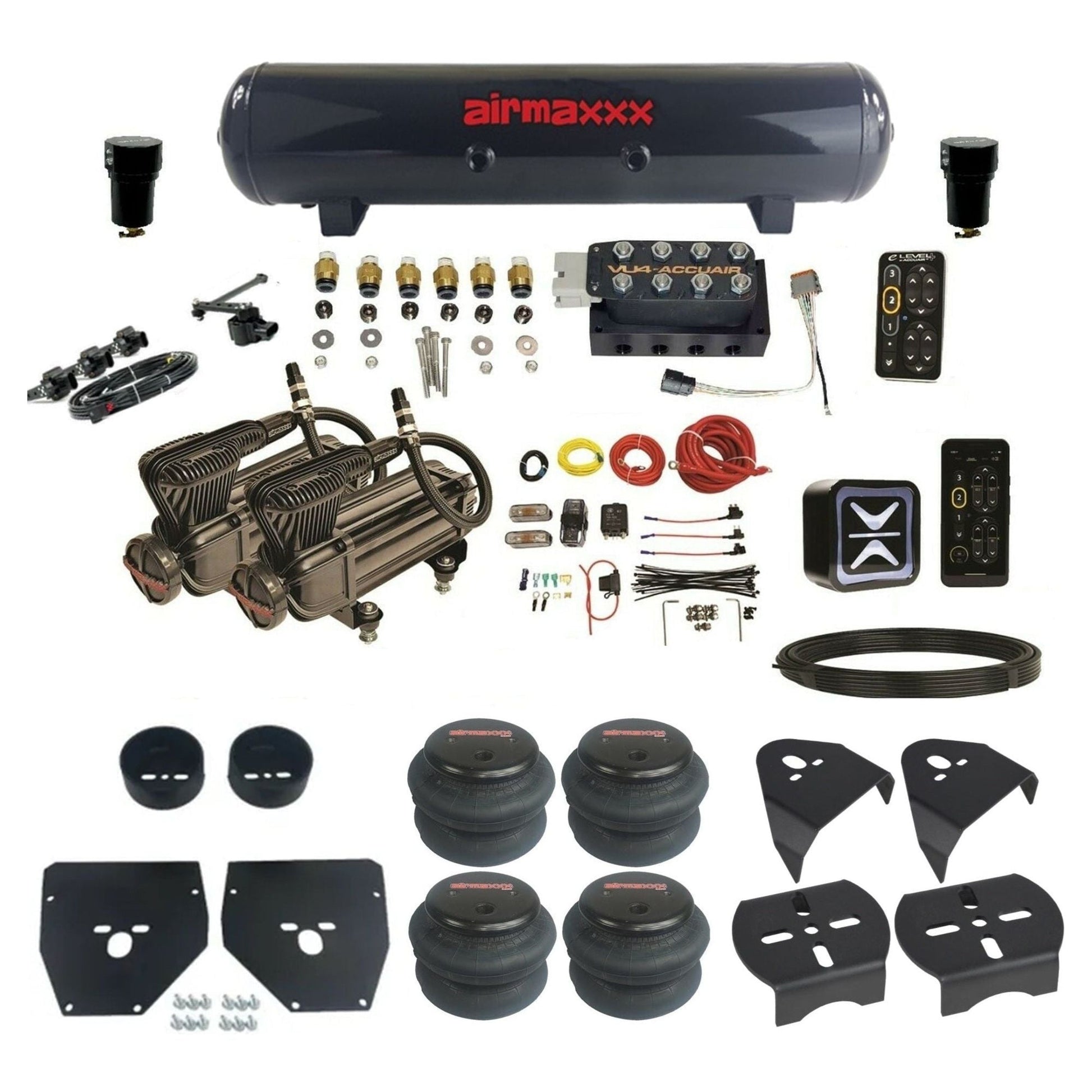 AccuAir e-Level+ Height+ Dual X-series compressors steel tank 2600 bags air kit for 1973–1987 Chevy C10 KC1073-X2B-57S-VU4EHT-WK-HF