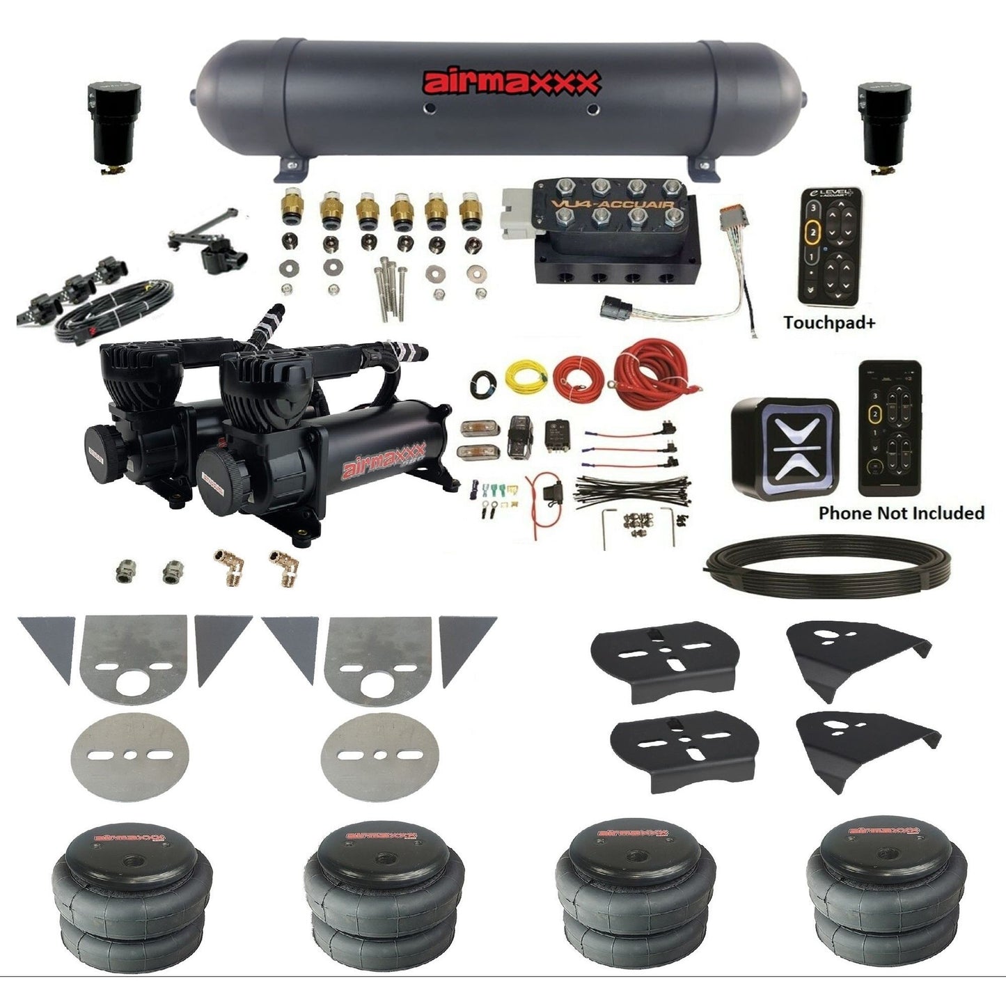 AccuAir e-Level+ Height+ VU4 air management kit with airmaxxx 580 black compressors aluminum tank 2500 bags for mini trucks KTOR-580B2-57ABK-VU4EHT-WK-HF