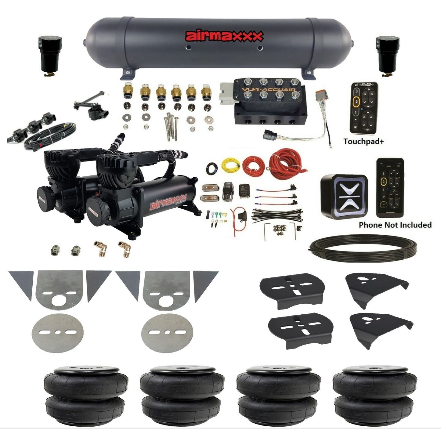 AccuAir e-Level+ Height+ VU4 air management kit with airmaxxx 580 black compressors aluminum tank airlift bags for mini trucks KTOR-580B2-57ABK-VU4EHT-WK-HFD25