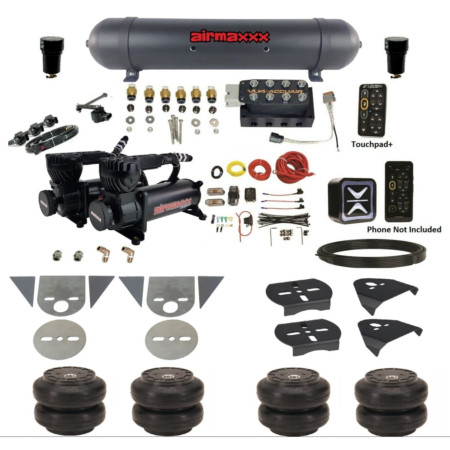 AccuAir e-Level+ Height+ VU4 air management kit with airmaxxx 580 black compressors aluminum tank slam bags for mini trucks KTOR-580B2-57ABK-VU4EHT-WK-HFSS6