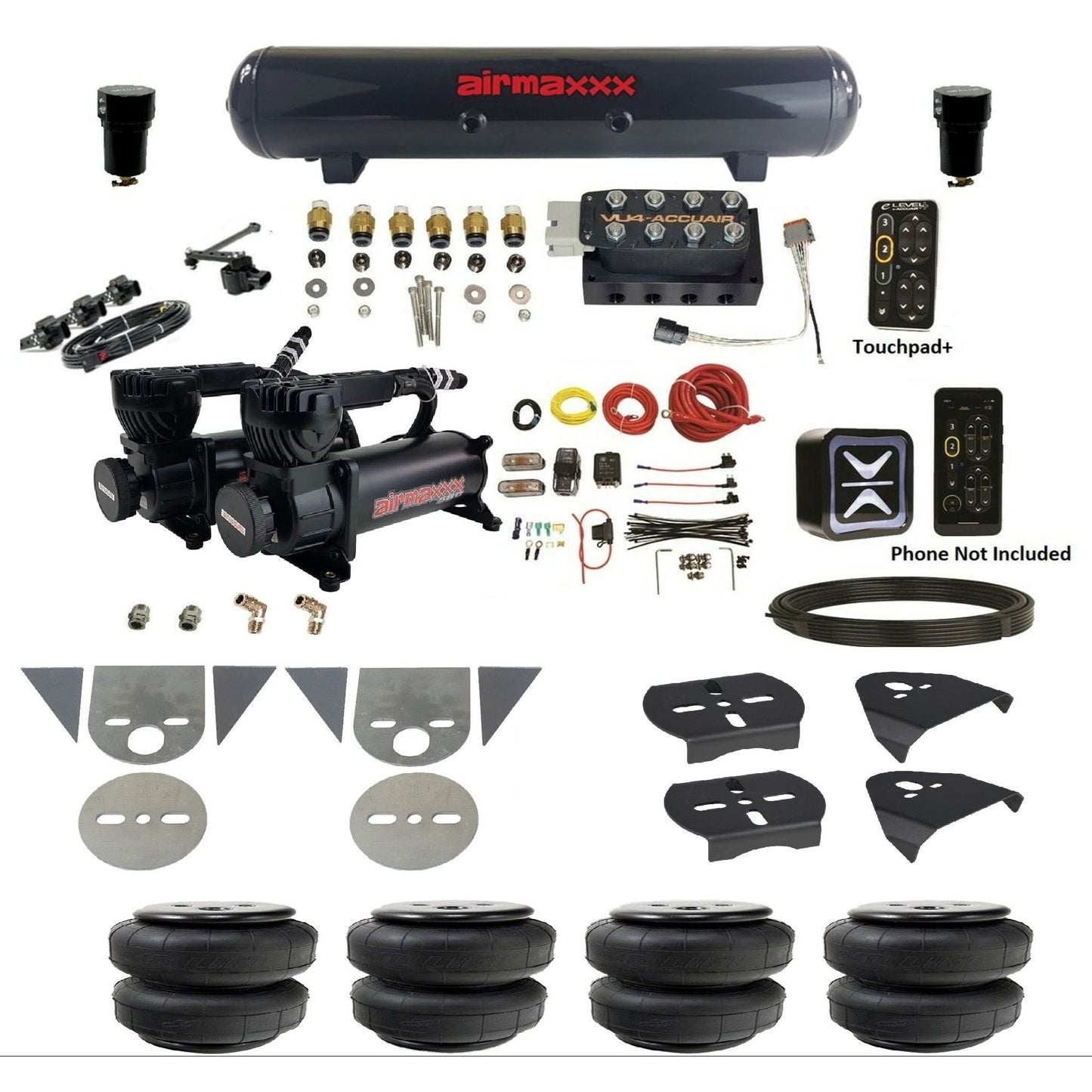 AccuAir e-Level+ Height+ VU4 air management kit with airmaxxx 580 black compressors steel tank airlift bags for mini trucks KTOR-580B2-57S-VU4EHT-WK-HFD25