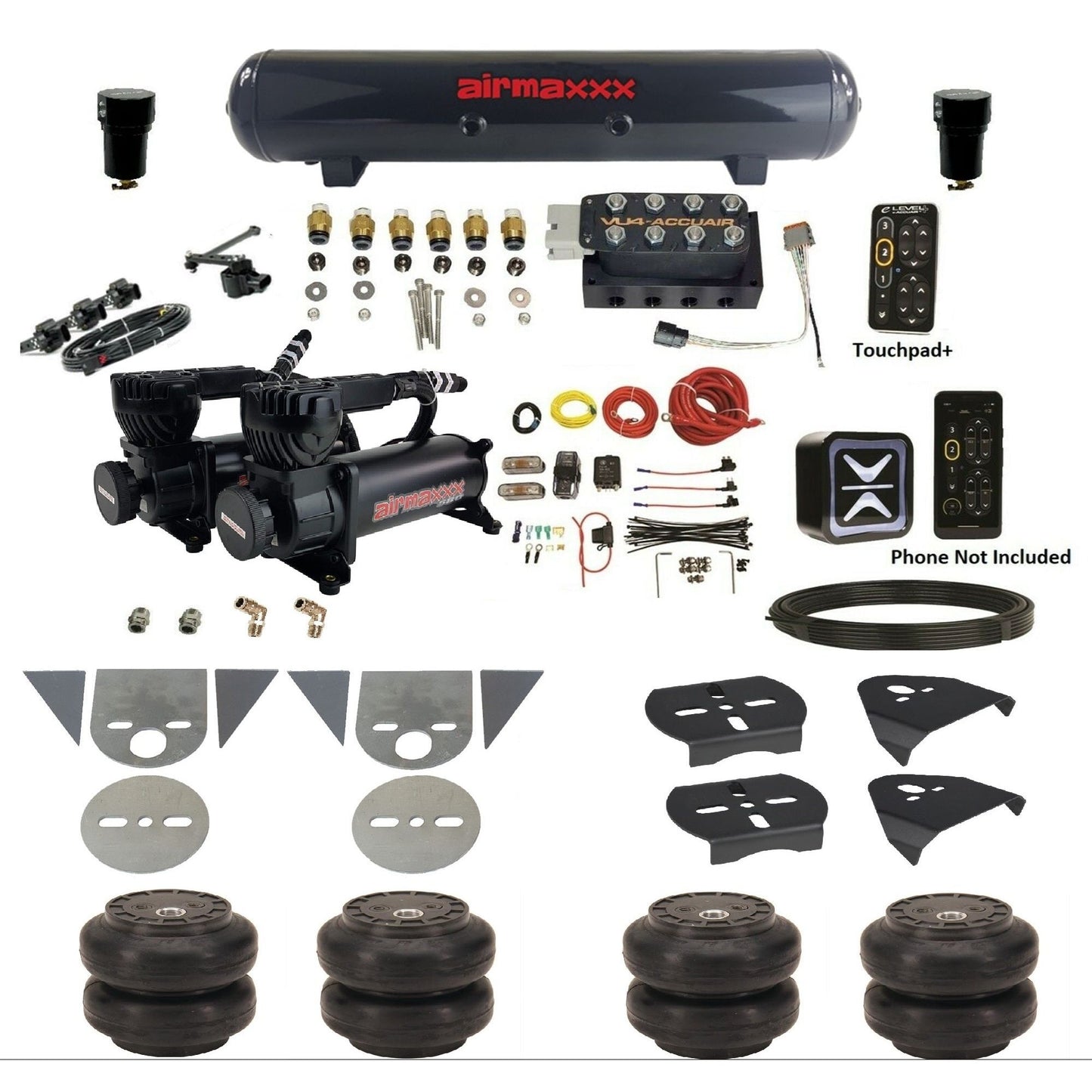 AccuAir e-Level+ Height+ VU4 air management kit with airmaxxx 580 black compressors steel tank slam bags for mini trucks KTOR-580B2-57S-VU4EHT-WK-HFSS6