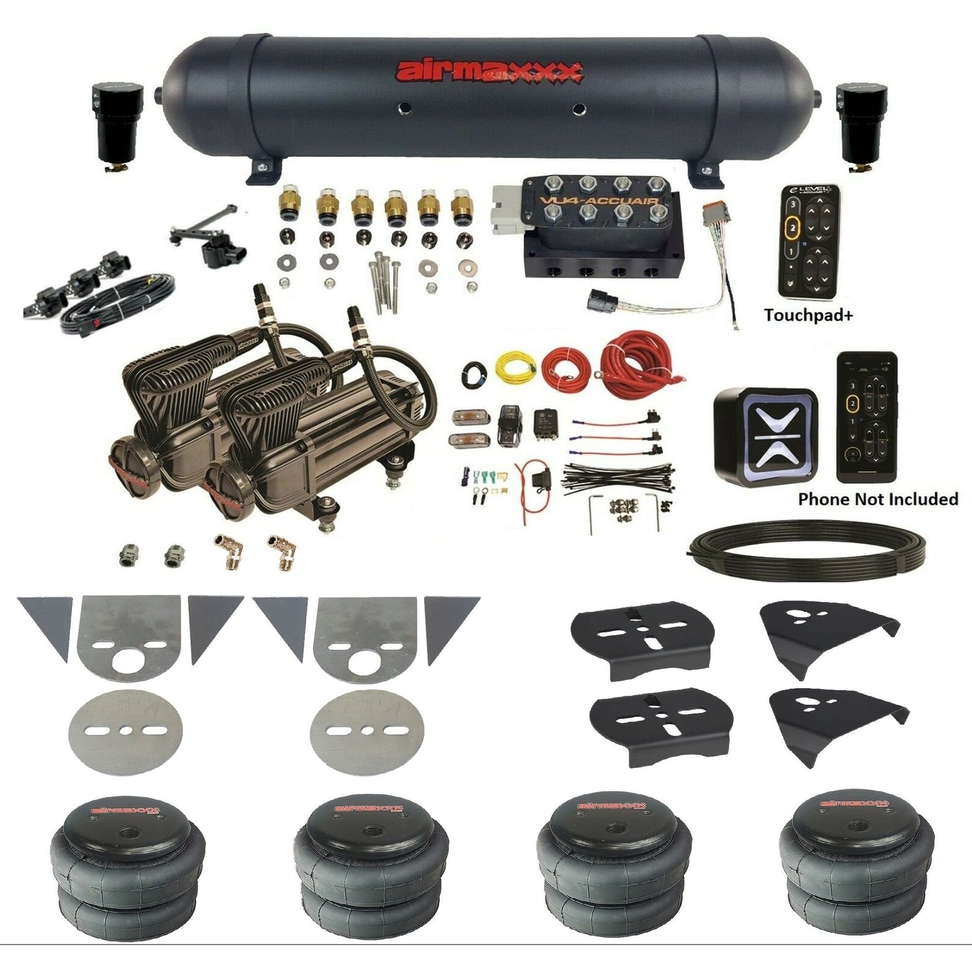 AccuAir e-Level+ Height+ VU4 air management kit with airmaxxx x-series compressors aluminum tank 2500 bags for mini trucks KTOR-X2B-57ABK-VU4EHT-WK-HF