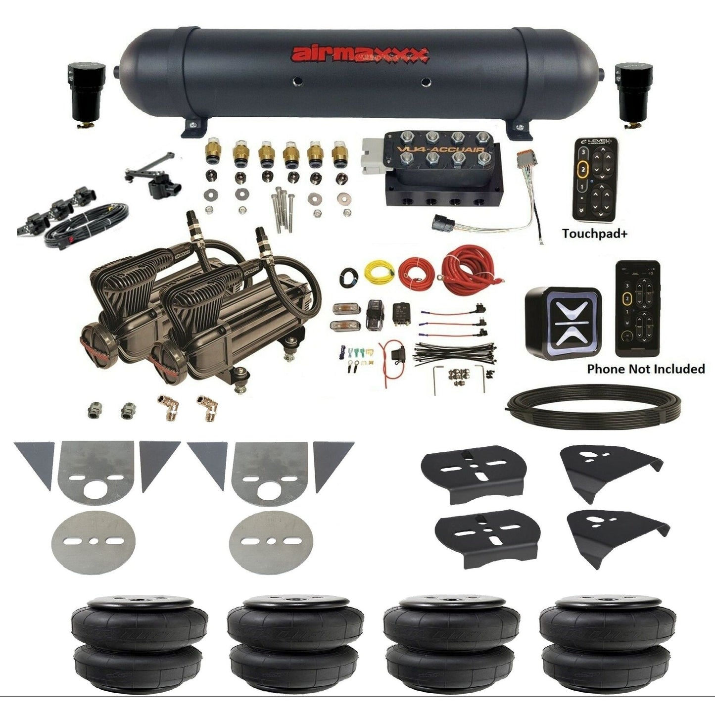 AccuAir e-Level+ Height+ VU4 air management kit with airmaxxx x-series compressors aluminum tank airlift bags for mini trucks KTOR-X2B-57ABK-VU4EHT-WK-HFD25