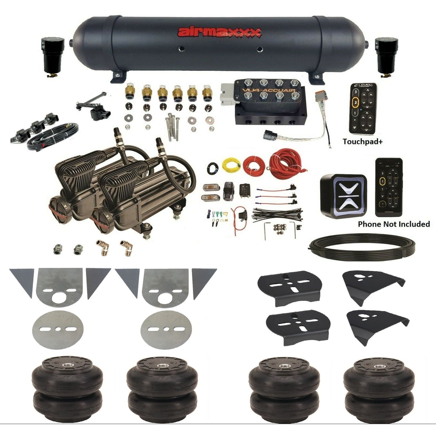 AccuAir e-Level+ Height+ VU4 air management kit with airmaxxx x-series compressors aluminum tank slam bags for mini trucks KTOR-X2B-57ABK-VU4EHT-WK-HFSS6