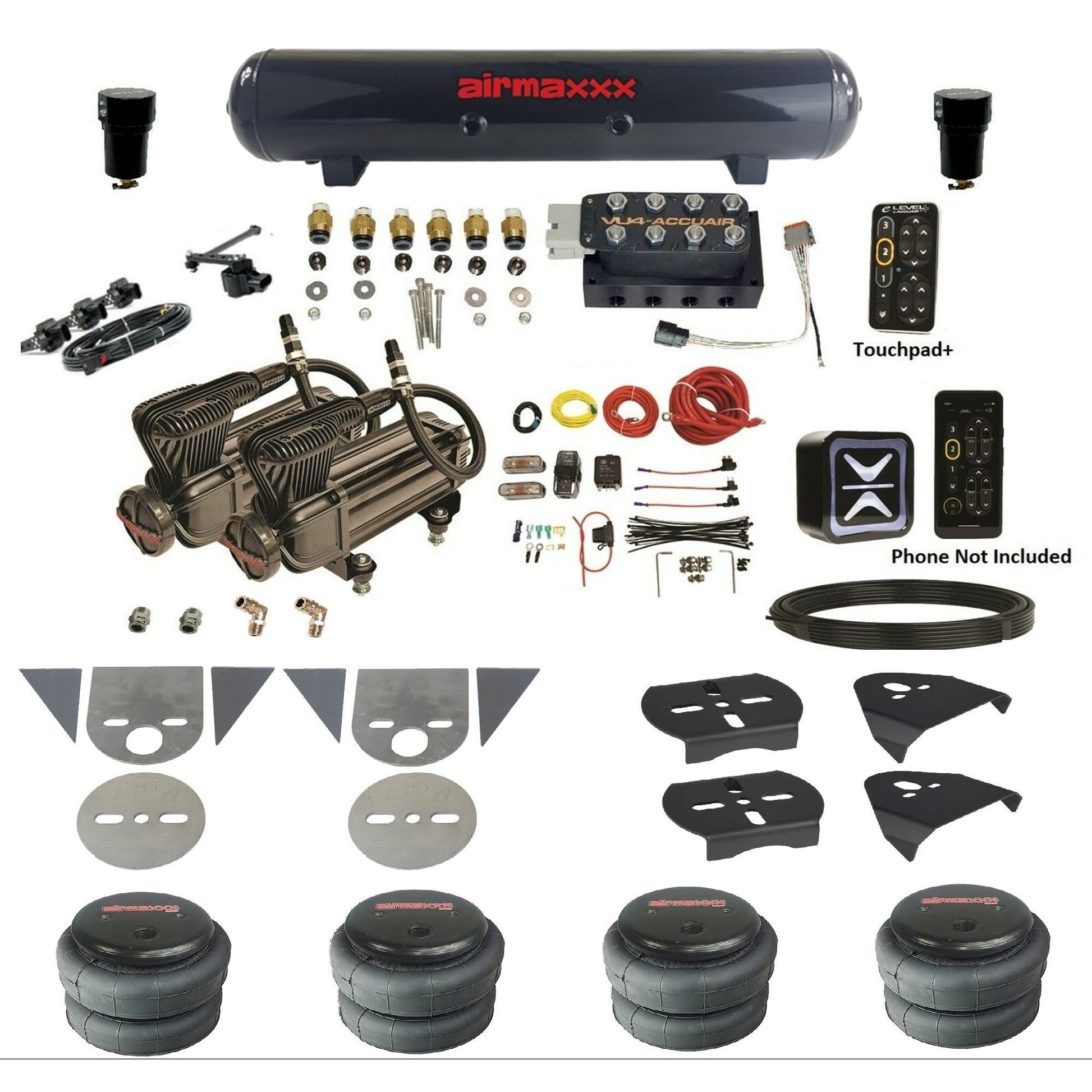 AccuAir e-Level+ Height+ VU4 air management kit with airmaxxx x-series compressors steel tank 2500 bags for mini trucks KTOR-X2B-57S-VU4EHT-WK-HF