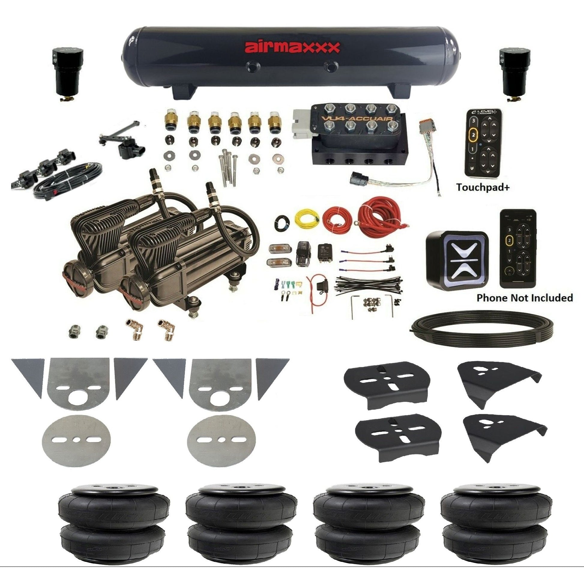 AccuAir e-Level+ Height+ VU4 air management kit with airmaxxx x-series compressors steel tank airlift bags for mini trucks KTOR-X2B-57S-VU4EHT-WK-HFD25