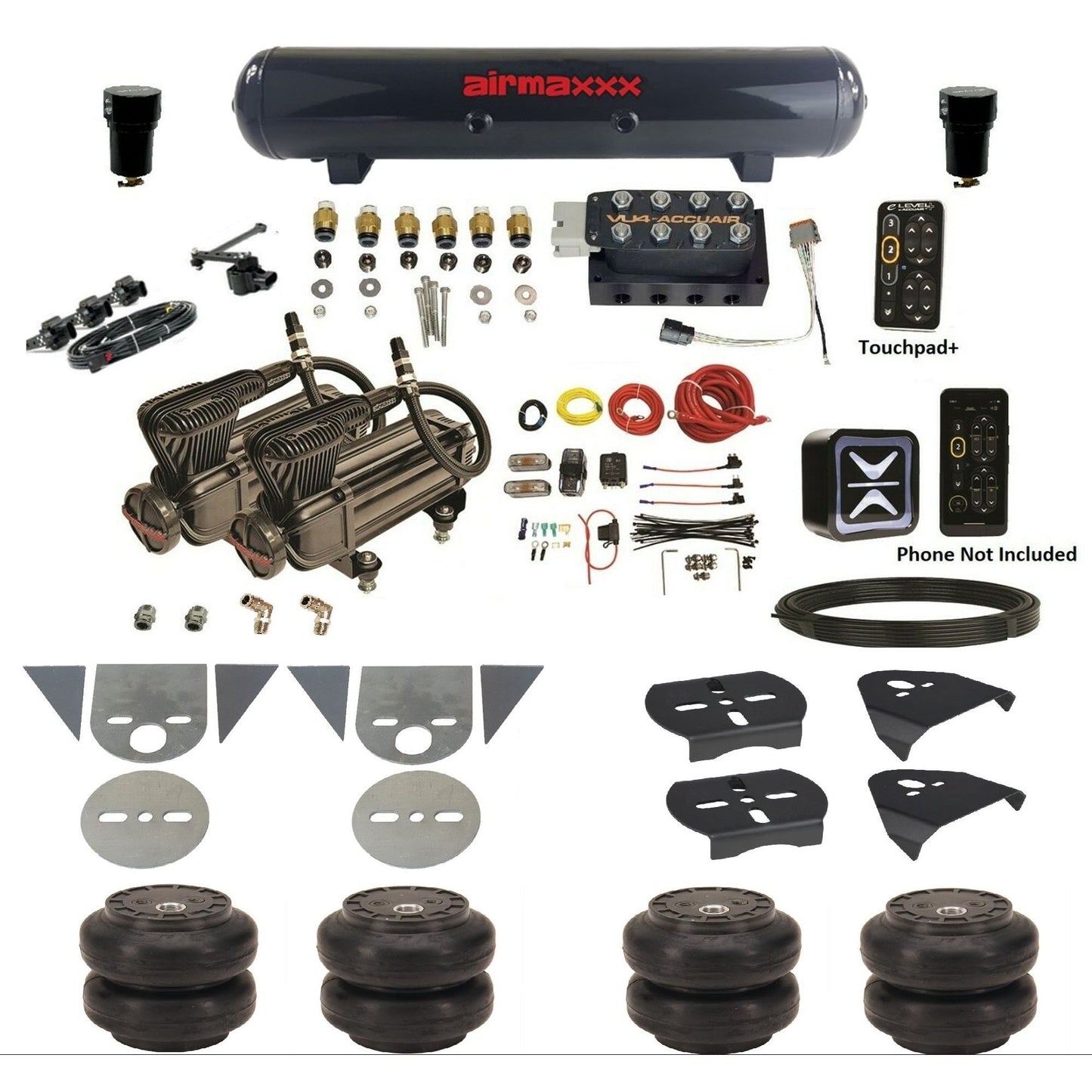 AccuAir e-Level+ Height+ VU4 air management kit with airmaxxx x-series compressors steel tank slam bags for mini trucks KTOR-X2B-57S-VU4EHT-WK-HFSS6