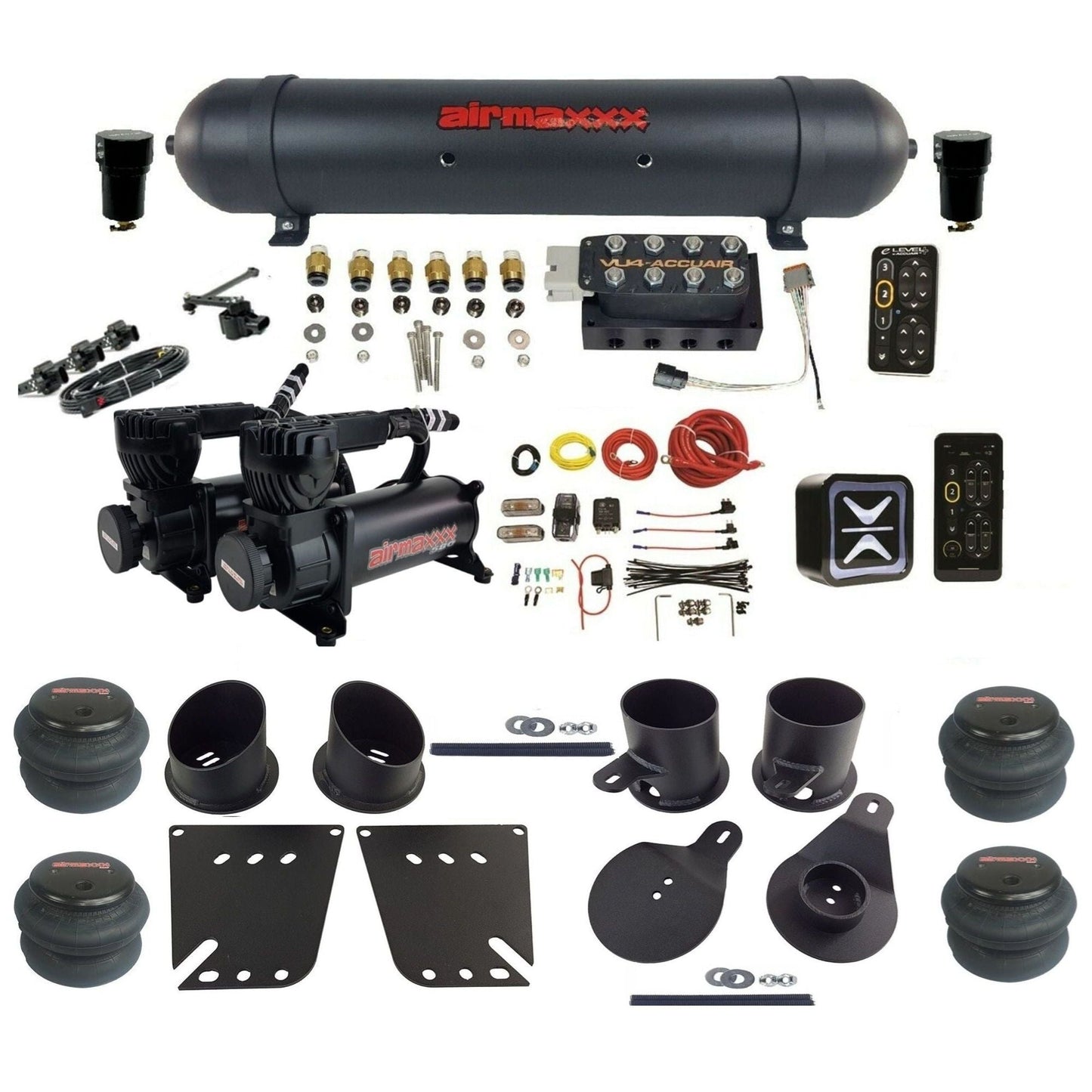 AccuAir e-Level+ Height+ VU4 dual 580 black compressors aluminum tank 2600 bags air kit for 1958–1964 Chevy Impala KIMP58-580B2-57ABK-VU4EHT-WK-HF