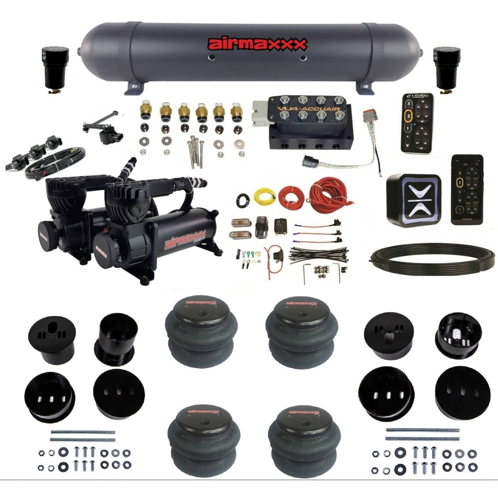 AccuAir e-Level+ Height+ VU4 dual 580 black compressors aluminum tank 2600 bags air management kit for 1958–1960 Cadillac KCAD58-580B2-57ABK-VU4EHT-WK-HF