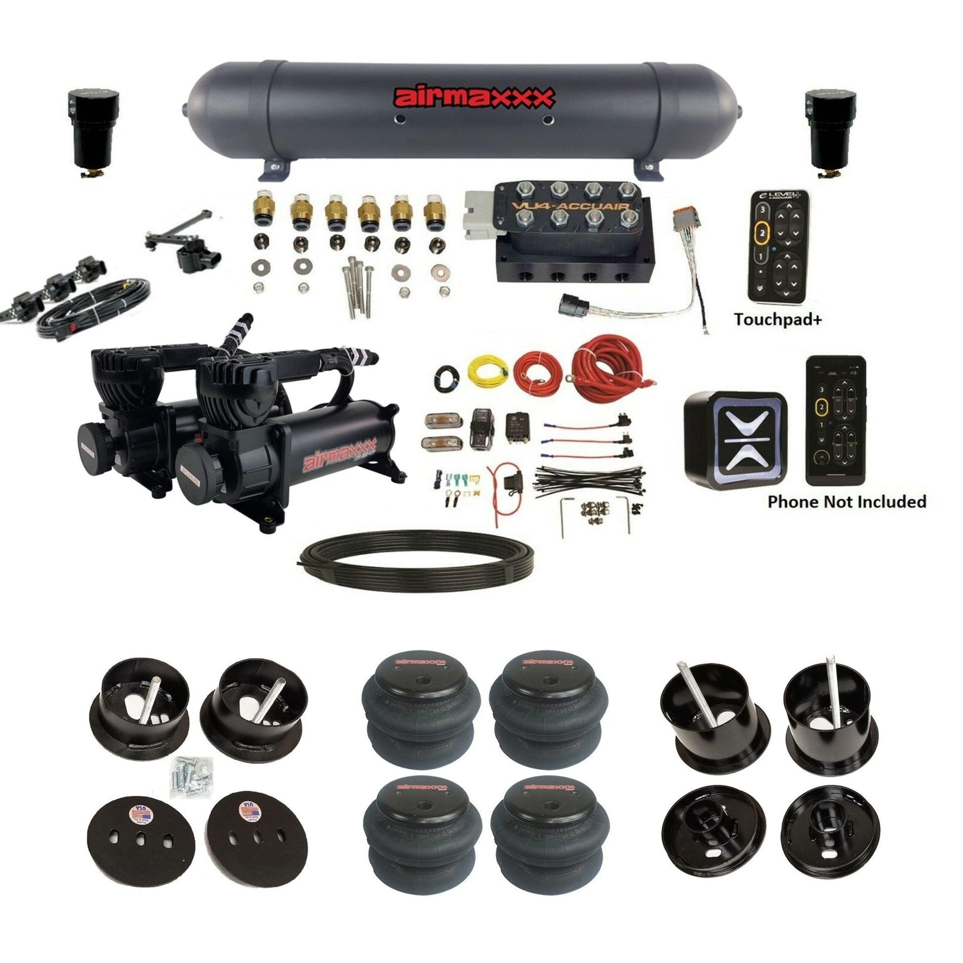 AccuAir e-Level+ Height+ VU4 dual 580 black compressors aluminum tank 2600 bags air ride kit for 1961–1962 Cadillac K-CAD6162-580B2-57ABK-VU4-E_HT