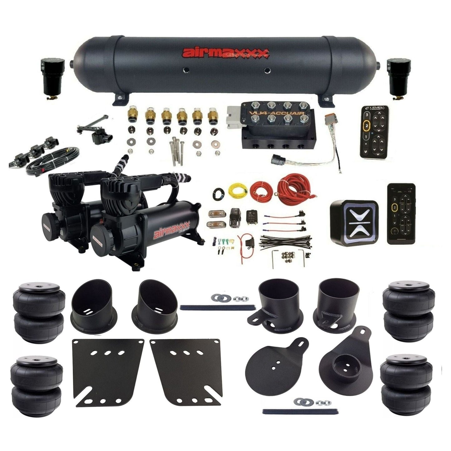 AccuAir e-Level+ Height+ VU4 dual 580 black compressors aluminum tank airlift bags air kit for 1958–1964 Chevy Impala KIMP58-580B2-57ABK-VU4EHT-WK-HFD25
