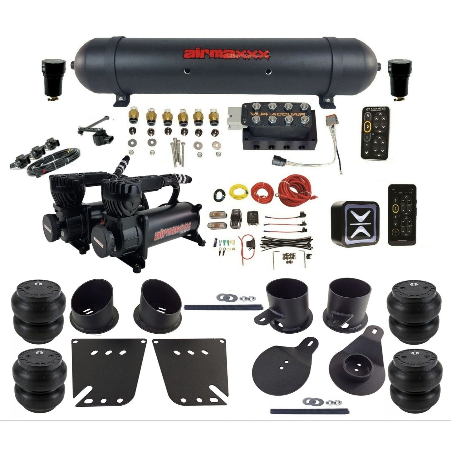 AccuAir e-Level+ Height+ VU4 dual 580 black compressors aluminum tank slam bags air kit for 1958–1964 Chevy Impala KIMP58-580B2-57ABK-VU4EHT-WK-HFSS7