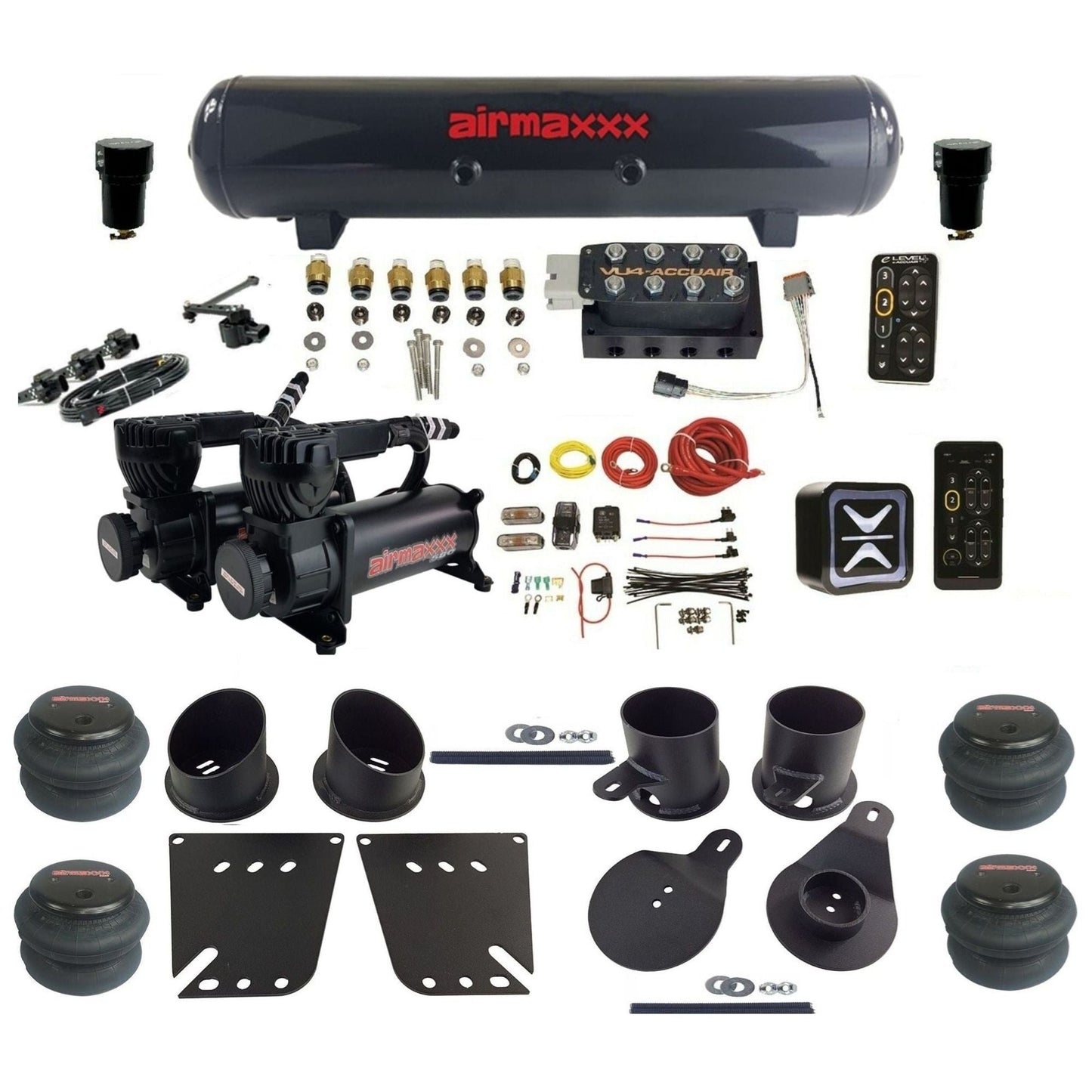 AccuAir e-Level+ Height+ VU4 dual 580 black compressors steel tank 2600 bags air kit for 1958–1964 Chevy Impala KIMP58-580B2-57S-VU4EHT-WK-HF