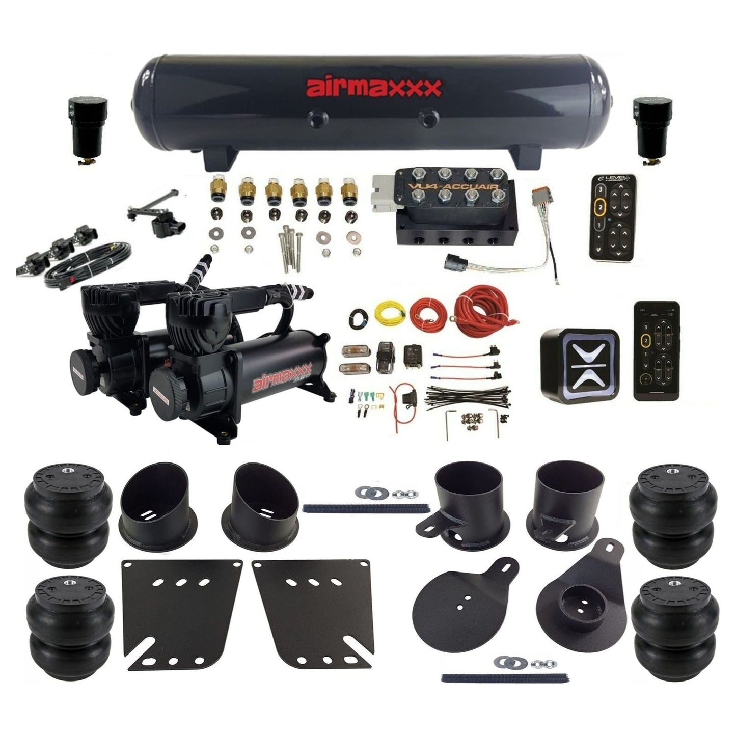 AccuAir e-Level+ Height+ VU4 dual 580 black compressors steel tank slam bags air kit for 1958–1964 Chevy Impala KIMP58-580B2-57S-VU4EHT-WK-HFSS7