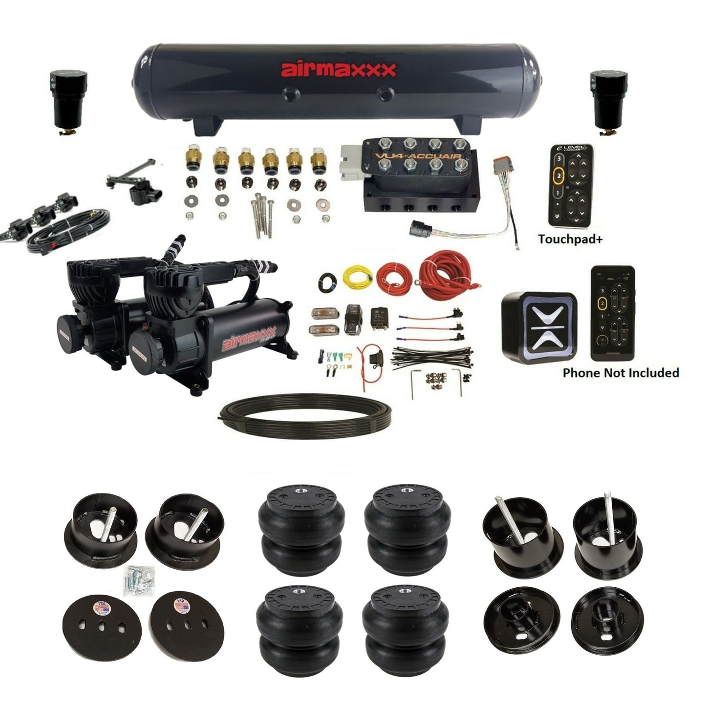 AccuAir e-Level+ Height+ VU4 dual 580 black compressors steel tank slam bags air ride kit for 1961–1962 Cadillac K-CAD6162-580B2-57S-VU4-E_HTSS7