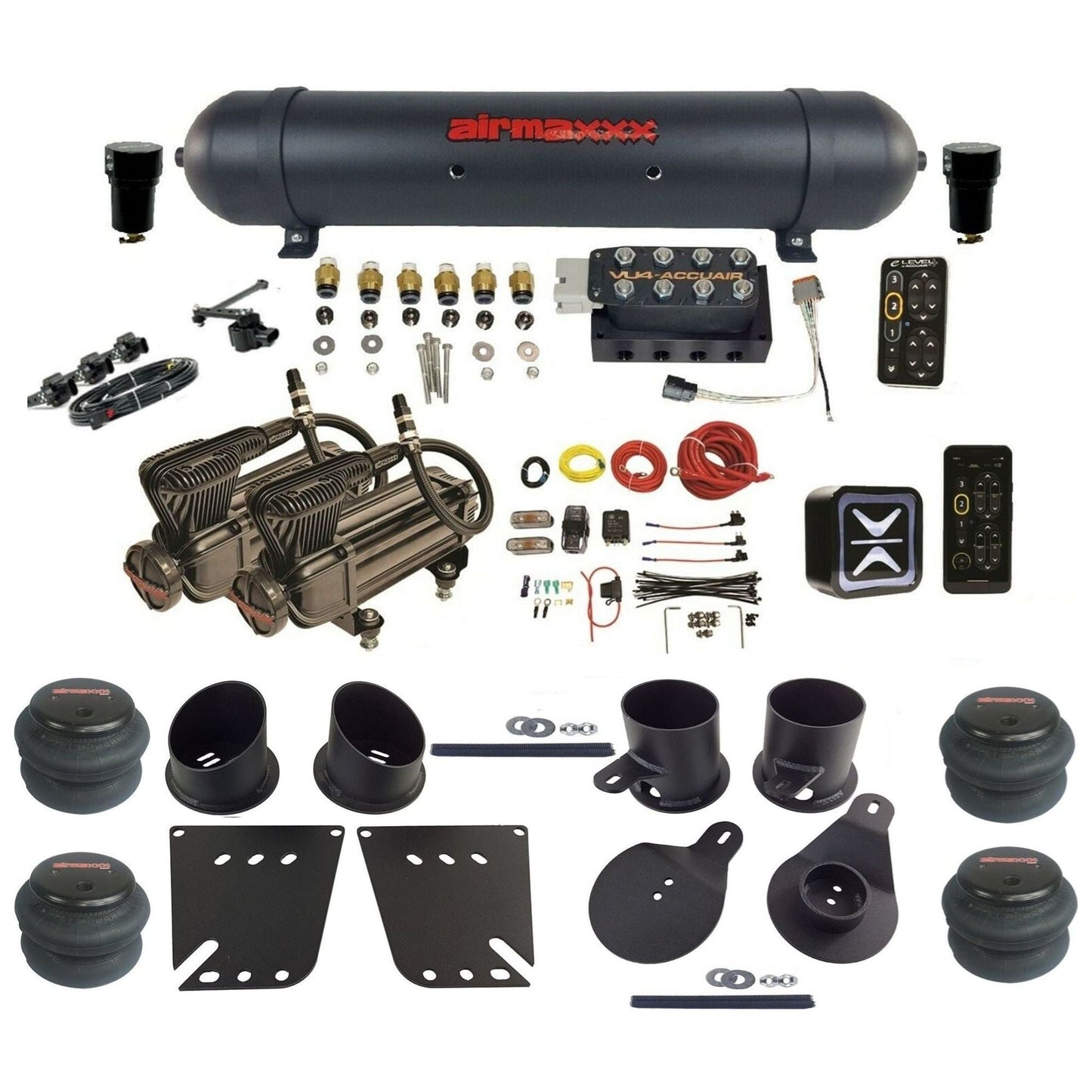 AccuAir e-Level+ Height+ VU4 dual x-series compressors aluminum tank 2600 bags air kit for 1958–1964 Chevy Impala KIMP58-X2B-57ABK-VU4EHT-WK-HF