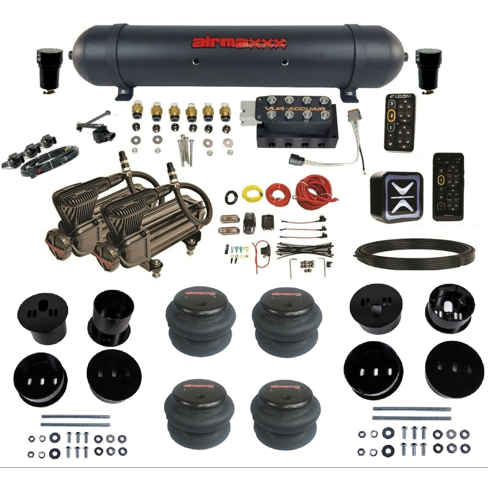 AccuAir e-Level+ Height+ VU4 dual x-series compressors aluminum tank 2600 bags air management kit for 1958–1960 Cadillac KCAD58-X2B-57ABK-VU4EHT-WK-HF