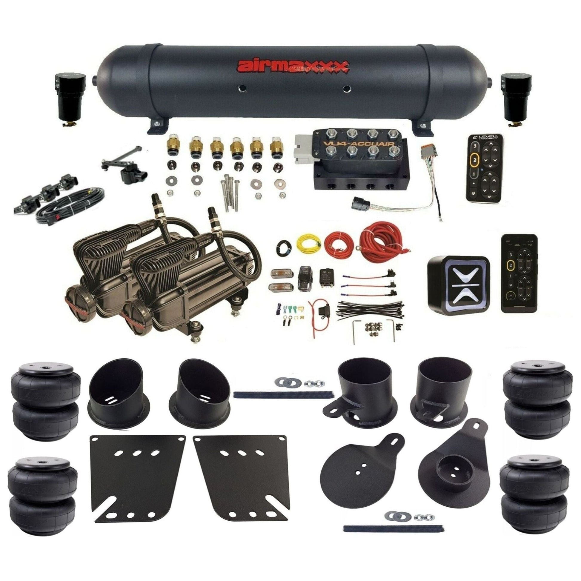 AccuAir e-Level+ Height+ VU4 dual x-series compressors aluminum tank airlift bags air kit for 1958–1964 Chevy Impala KIMP58-X2B-57ABK-VU4EHT-WK-HFD25