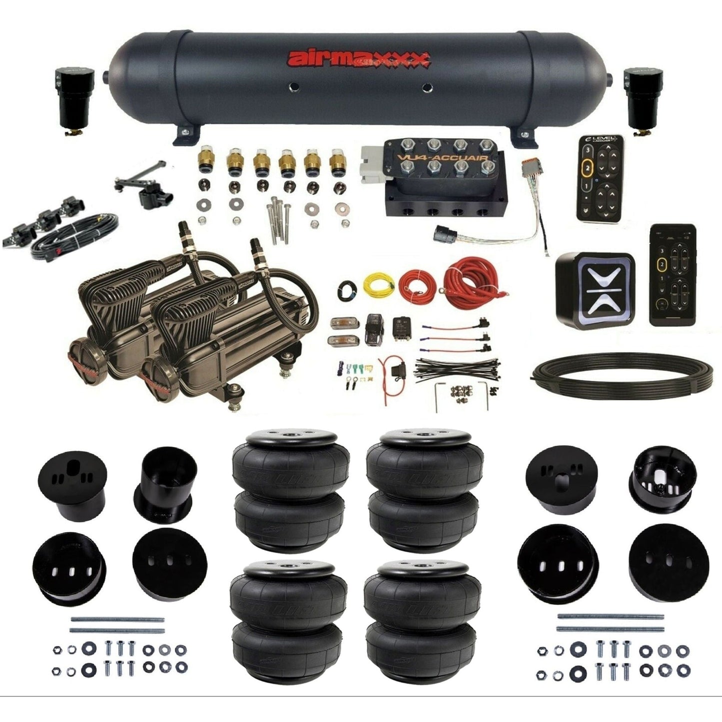 AccuAir e-Level+ Height+ VU4 dual x-series compressors aluminum tank airlift bags air management kit for 1958–1960 Cadillac KCAD58-X2B-57ABK-VU4EHT-WK-HFD25