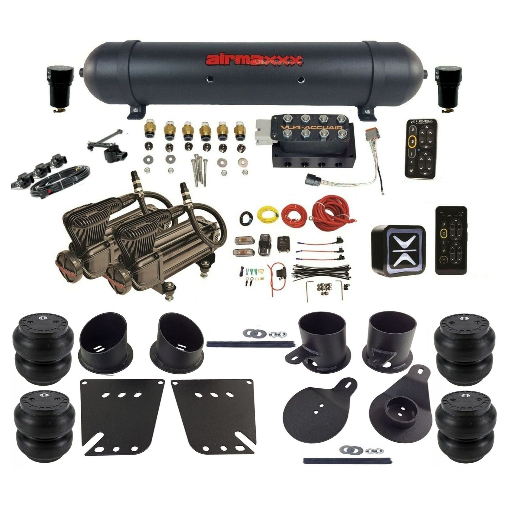 AccuAir e-Level+ Height+ VU4 dual x-series compressors aluminum tank slam bags air kit for 1958–1964 Chevy Impala KIMP58-X2B-57ABK-VU4EHT-WK-HFSS7