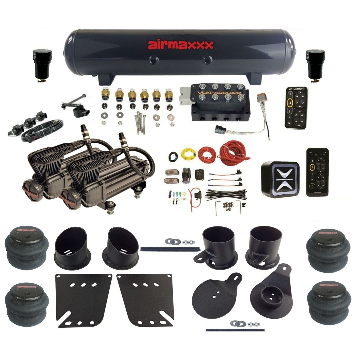 AccuAir e-Level+ Height+ VU4 dual x-series compressors steel tank 2600 bags air kit for 1958–1964 Chevy Impala KIMP58-XB2-57S-VU4EHT-WK-HF