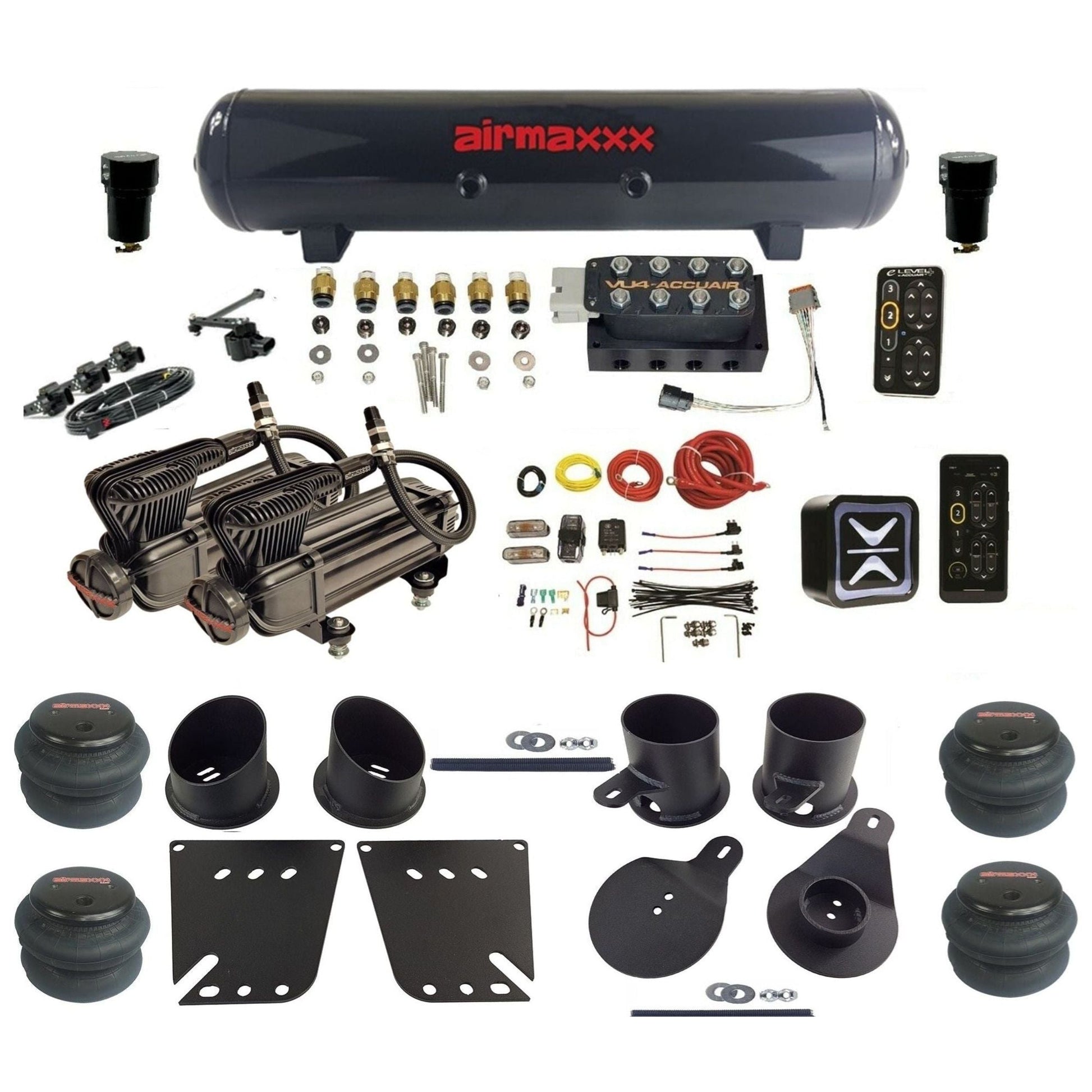 AccuAir e-Level+ Height+ VU4 dual x-series compressors steel tank 2600 bags air kit for 1958–1964 Chevy Impala KIMP58-XB2-57S-VU4EHT-WK-HF